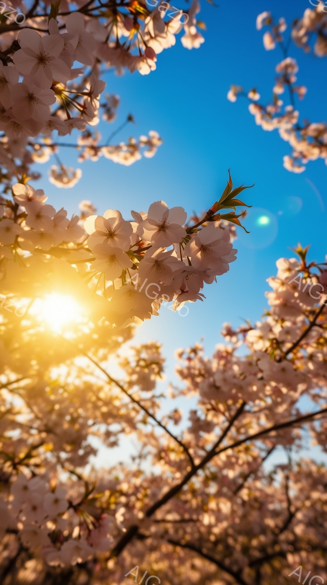 桜の花びらが満開の木々が、画面を埋め尽くしています。太陽が輝き、空は澄んだ青色で、花びらは光に照らされて優しいピンク色に見えます。春の暖かさと希望に満ちた、美しい情景です。 - AI生成フリー素材