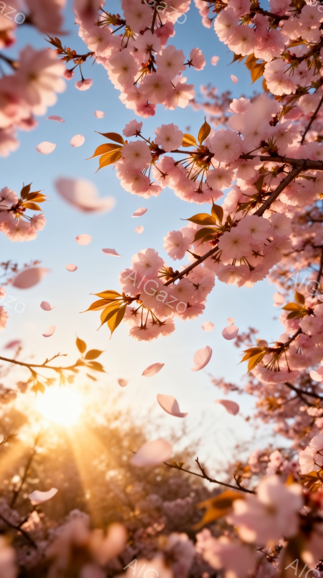桜の花びらが舞い散る、春の光景が捉えられています。太陽の光が桜の隙間から差し込み、花びらを照らし出しており、背景は明るい青空です。全体的に暖かく、幻想的な雰囲気が漂っています。