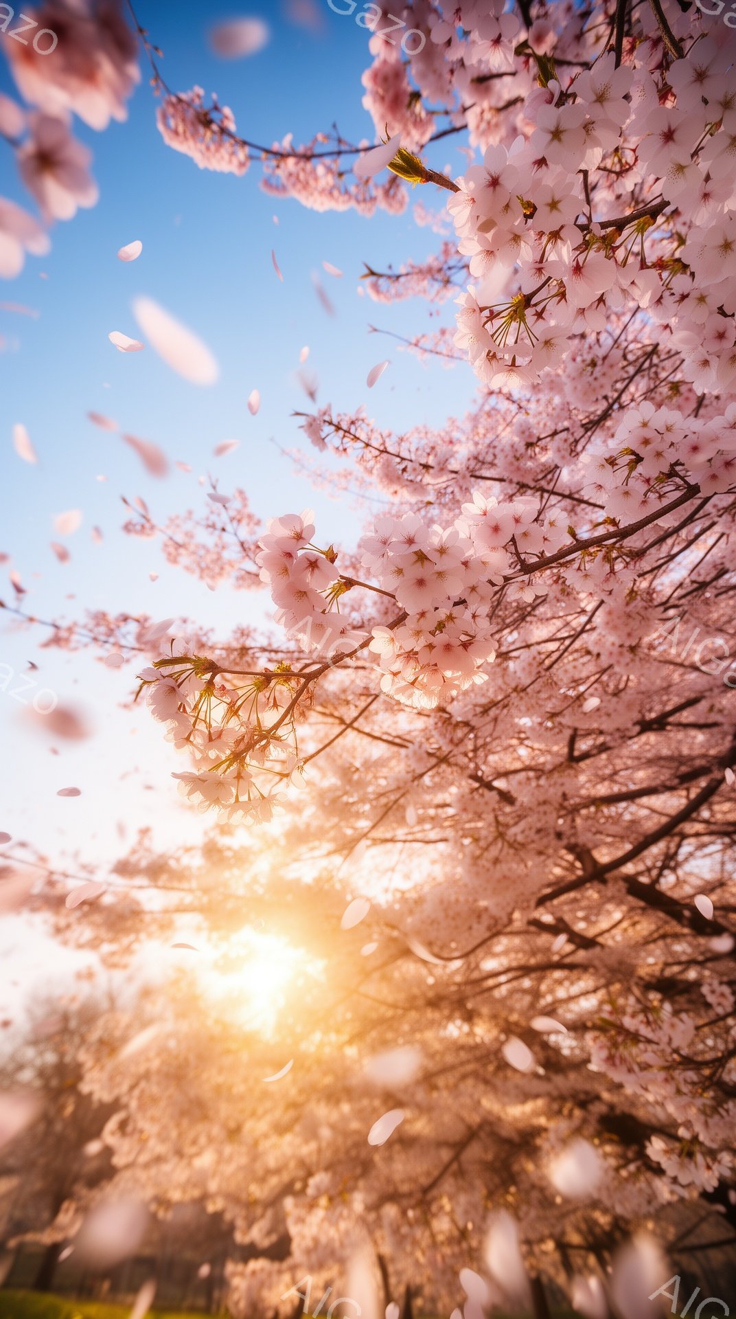 満開の桜が咲き誇り、花びらが風に舞い散る様子が捉えられています。太陽の光が桜の花びらを照らし、幻想的な雰囲気を醸し出しています。背景には緑の草地が見え、春の暖かさと生命力を感じさせます。