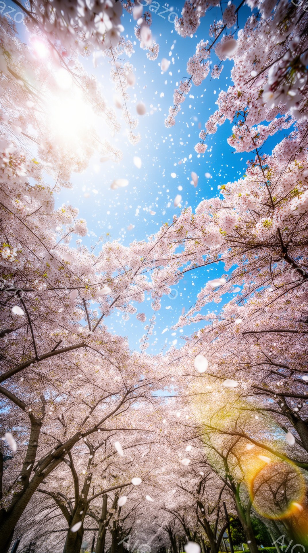 桜の花びらが舞い散る、春の風景が捉えられています。空は澄んだ青色で、太陽が花びらを照らし、幻想的な光景を作り出しています。桜の木々の枝が画面の上部から広がり、まるでトンネルのように花びらが降り注ぎ、春 - AI生成フリー素材