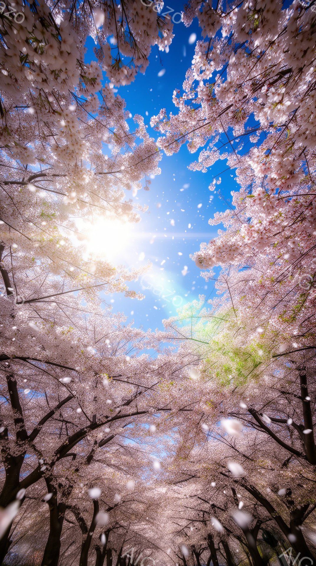 空を見上げると、満開の桜並木が広がり、ピンク色の花びらが舞い散っている様子が捉えられています。太陽の光が桜の花々を通して差し込み、幻想的な雰囲気を醸し出しています。青空とのコントラストが美しく、春の暖 - AI生成フリー素材