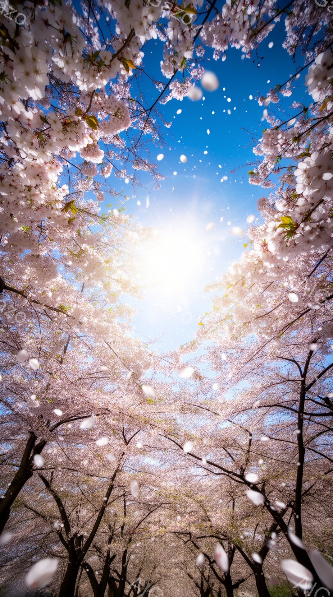 満開の桜並木が空を覆い、舞い散る花びらが幻想的な空間を作り出している。太陽光が桜の隙間から差し込み、明るく暖かい雰囲気を醸し出している。空は澄み切った青空で、春の訪れを感じさせる美しい情景だ。 - AI生成フリー素材