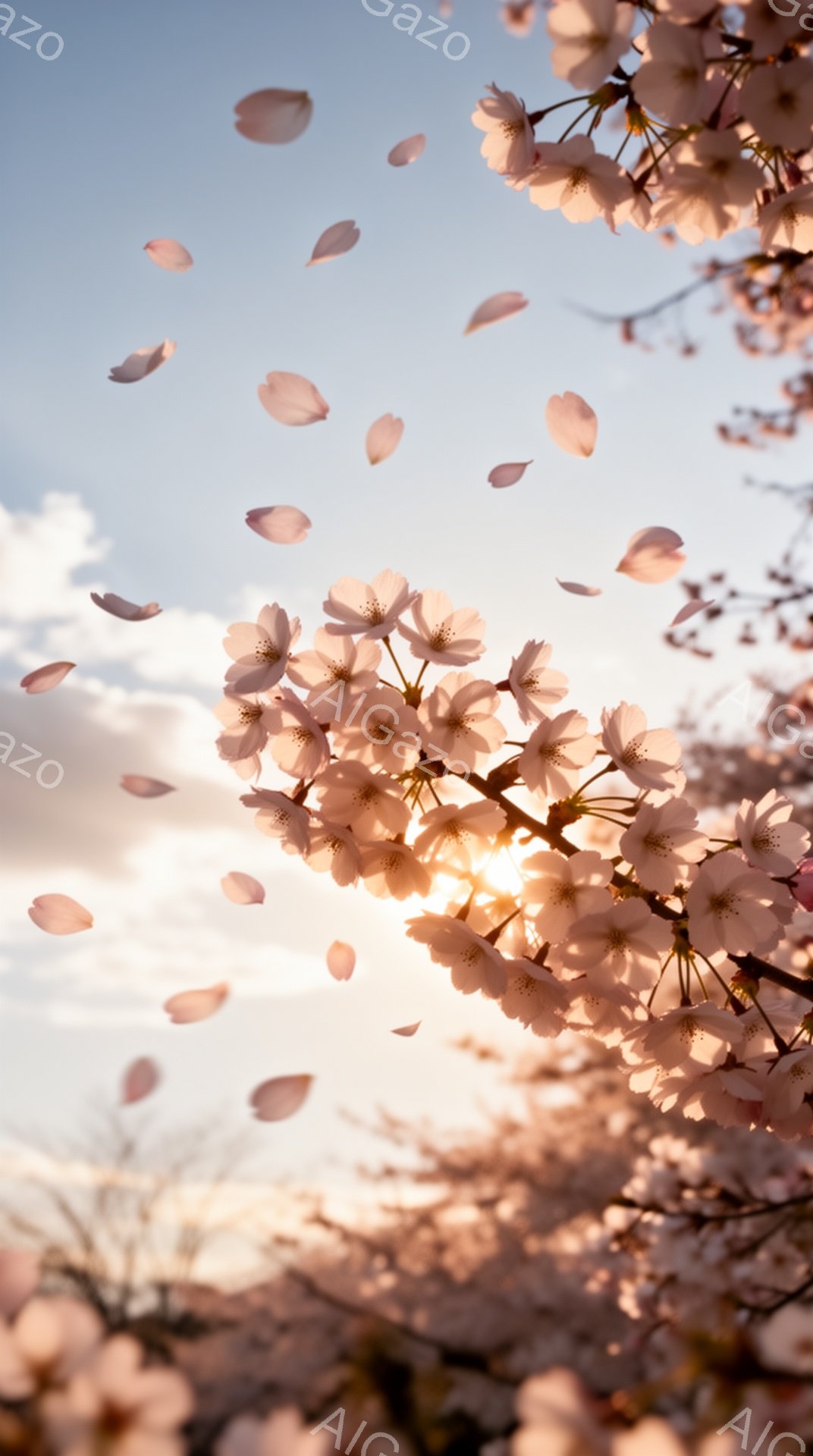 満開の桜の花が咲き乱れ、花びらが空中に舞い上がっている様子が捉えられています。背景には穏やかな空と太陽が輝き、柔らかい光が桜の花を照らしています。全体的に、春の暖かく、儚い美しさを表現した、優しい雰囲 - AI生成フリー素材
