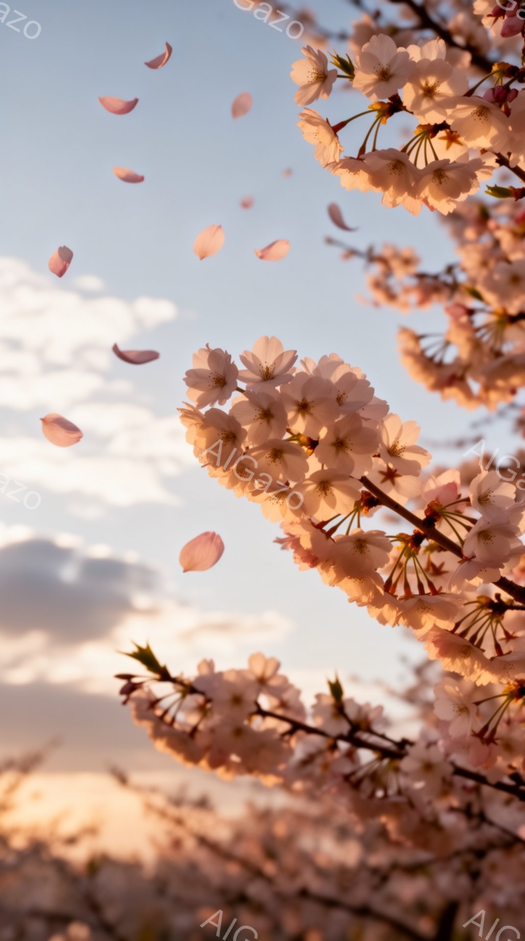 桜の花が咲き誇り、花びらが空中に舞い散る様子が捉えられています。背景には穏やかな夕焼け空が広がり、暖かく幻想的な雰囲気を醸し出しています。枝にはまだ多くの蕾があり、春の生命力と儚さを感じさせます。 - AI生成フリー素材