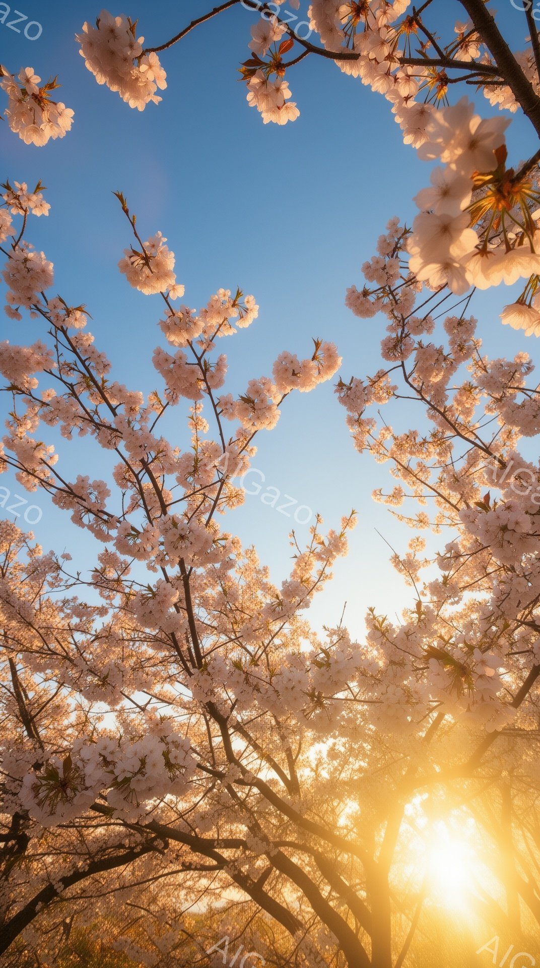 空を見上げるように桜の花が咲き乱れ、まるでトンネルのように枝が広がっている。太陽の光が桜の隙間から差し込み、暖かく幻想的な雰囲気を醸し出している。青空と桜のコントラストが美しく、春の訪れを感じさせる穏 - AI生成フリー素材