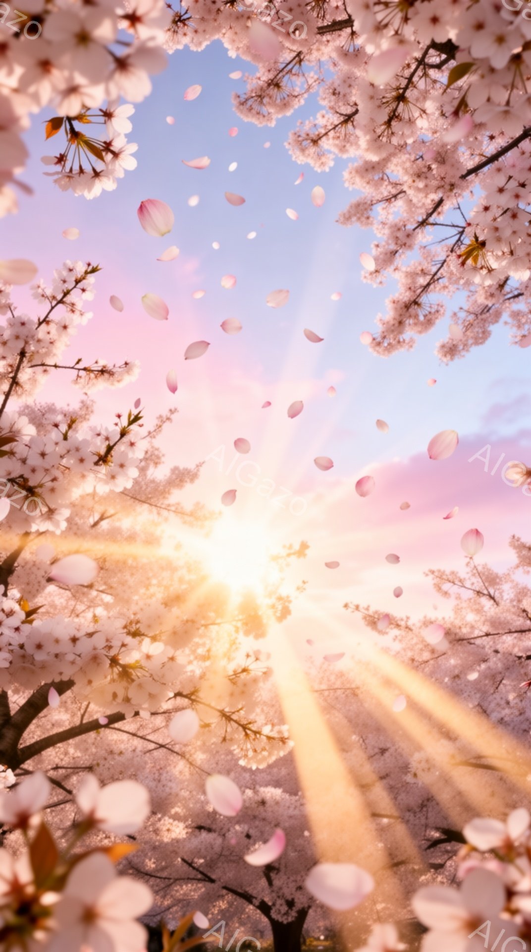 桜の花びらが舞い散る美しい光景が広がっている。太陽光が桜の木々の間から差し込み、幻想的な雰囲気を醸し出している。空は淡いピンクと水色で彩られ、春の暖かさと穏やかさを感じさせる。