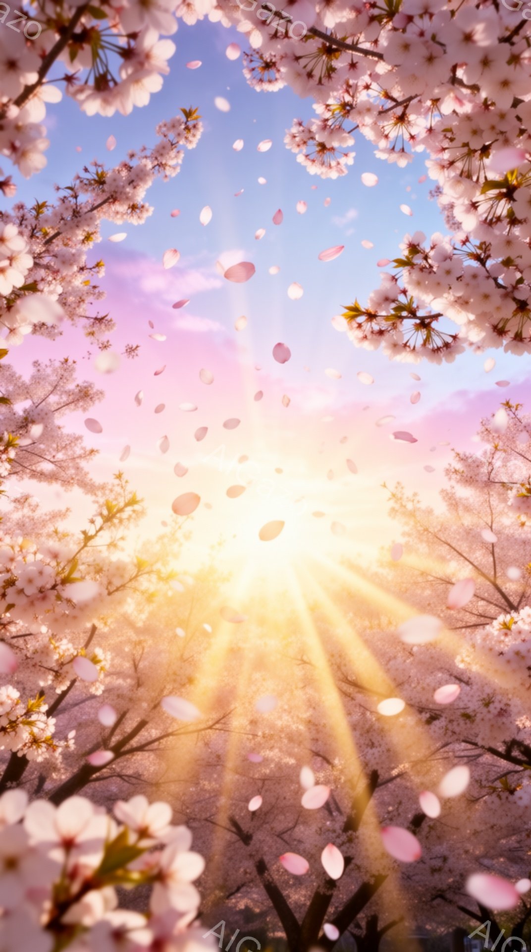 満開の桜の花びらが舞い散る、幻想的な光景が広がっている。太陽の光が桜の隙間から差し込み、温かく優しい雰囲気を醸し出している。ピンクと白のグラデーションが美しく、春の訪れを感じさせる。