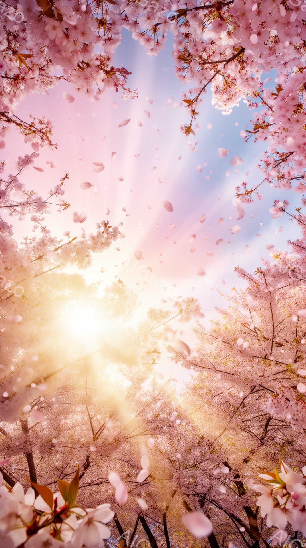 満開の桜の花びらが空を舞い、まるでピンク色の雪が降っているようだ。太陽の光が桜の隙間から差し込み、幻想的な雰囲気を醸し出している。背景には青空が広がり、春の暖かさと美しさを表現している。