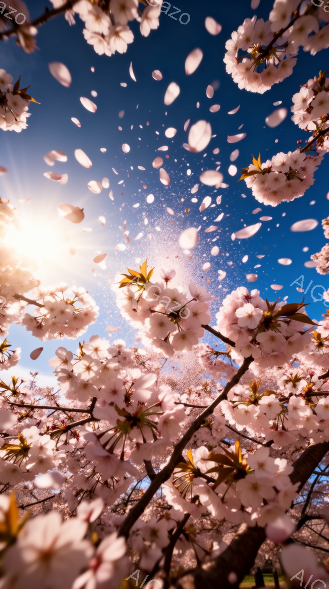 満開の桜が舞い散る様子を捉えた写真です。青空を背景に、ピンク色の桜の花びらがまるで雪のように降り注ぎ、光が差し込み幻想的な雰囲気を醸し出しています。枝にはたくさんの花が咲き誇り、春の訪れを感じさせます - AI生成フリー素材