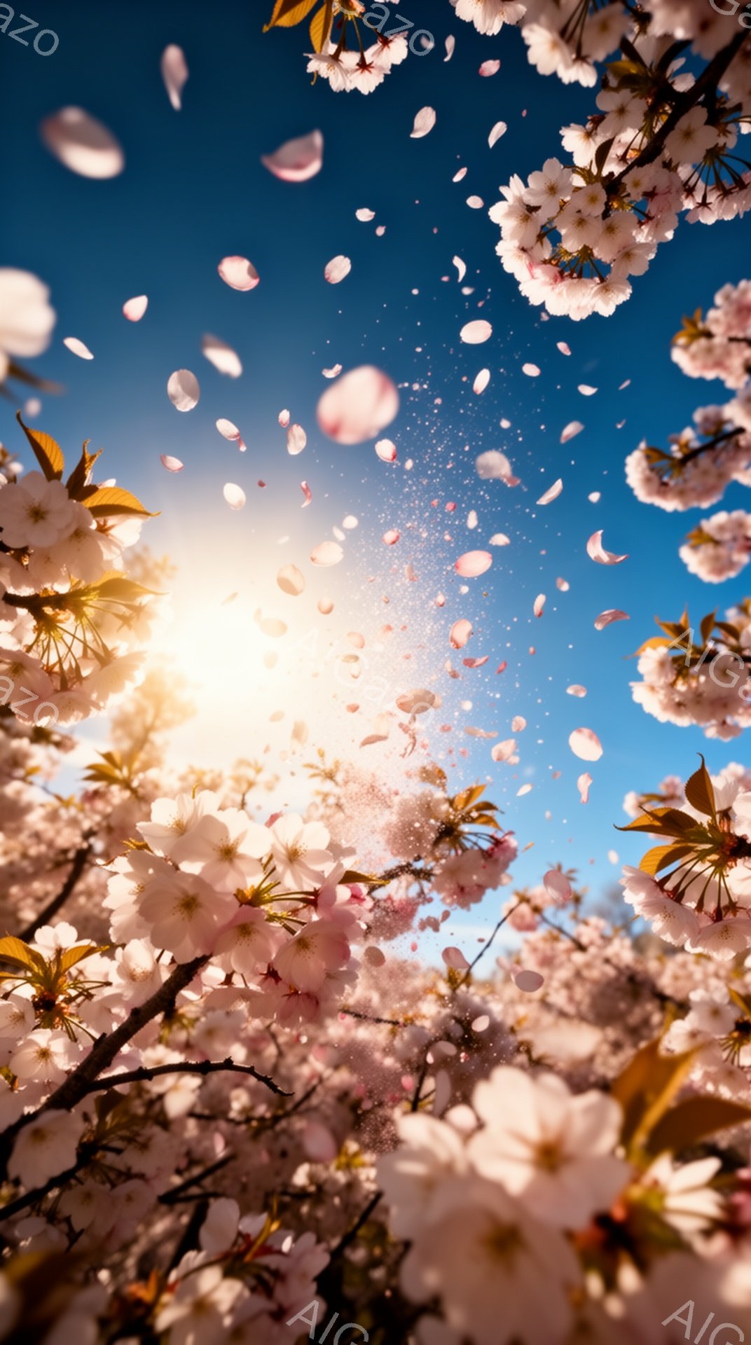 桜の花びらが満開の桜の木の枝から舞い散り、青い空を背景に幻想的な光景が広がっています。太陽光が花びらを照らし、春の暖かさと儚さを感じさせる、美しい瞬間が捉えられています。全体的に明るく、希望に満ちた雰 - AI生成フリー素材