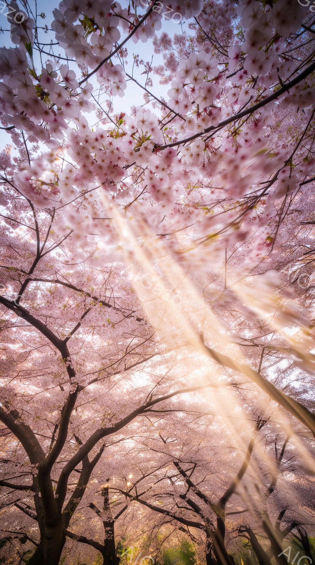 桜の花びらが咲き乱れ、まるでトンネルのように空を覆い尽くしている様子が捉えられています。太陽光線が花びらを透過し、幻想的な光の柱が降り注ぎ、春の暖かさと優しさを感じさせます。背景には緑豊かな木々が見え - AI生成フリー素材