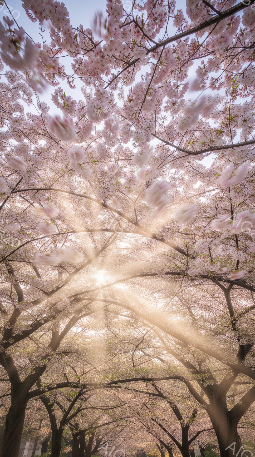 桜の花びらが舞い散る、幻想的な空間が広がっている。木々の枝が空を覆い、太陽光が花びらを通して柔らかく降り注ぎ、まるでトンネルのような美しい光景を作り出している。背景にはぼんやりと建物が見え、春の暖かく - AI生成フリー素材