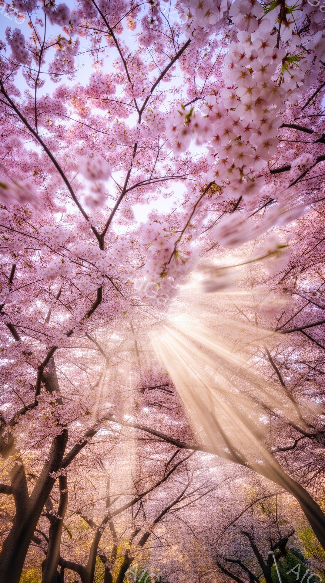 桜の花びらが咲き乱れる並木道を、太陽の光線が差し込み幻想的な光景を作り出している。空は淡いピンク色に染まり、桜の薄紅色とのグラデーションが美しい。幹が立ち並び、その間から無数の花びらが降り注ぐ様子が、春の暖かさと儚さを感じさせる。