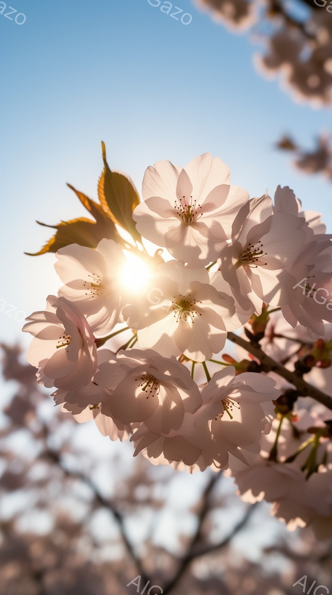 桜の花が咲き乱れ、太陽がその奥から優しく光を放っている。淡いピンク色の花びらは繊細で、まるで春の息吹を感じさせるかのように美しい。背景には、ぼやけた桜の木々と澄んだ青空が広がり、穏やかで希望に満ちた雰 - AI生成フリー素材