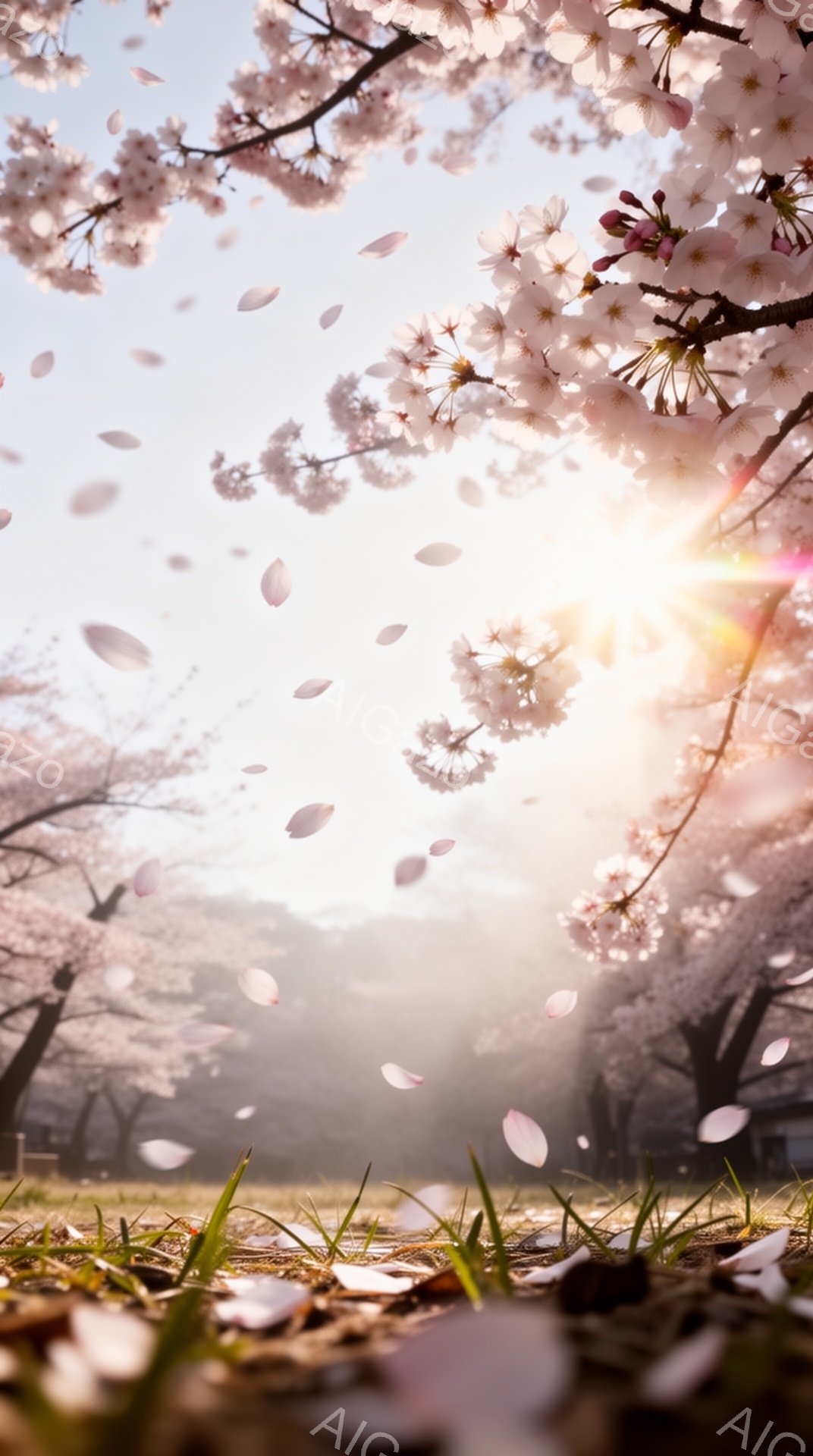 桜の花びらが舞い散る春の風景です。背景にはぼんやりと山並みがみえ、柔らかな光が差し込んでいます。地面には散った桜の花びらが敷き詰められ、春の暖かさと穏やかな雰囲気が伝わってきます。 - AI生成フリー素材