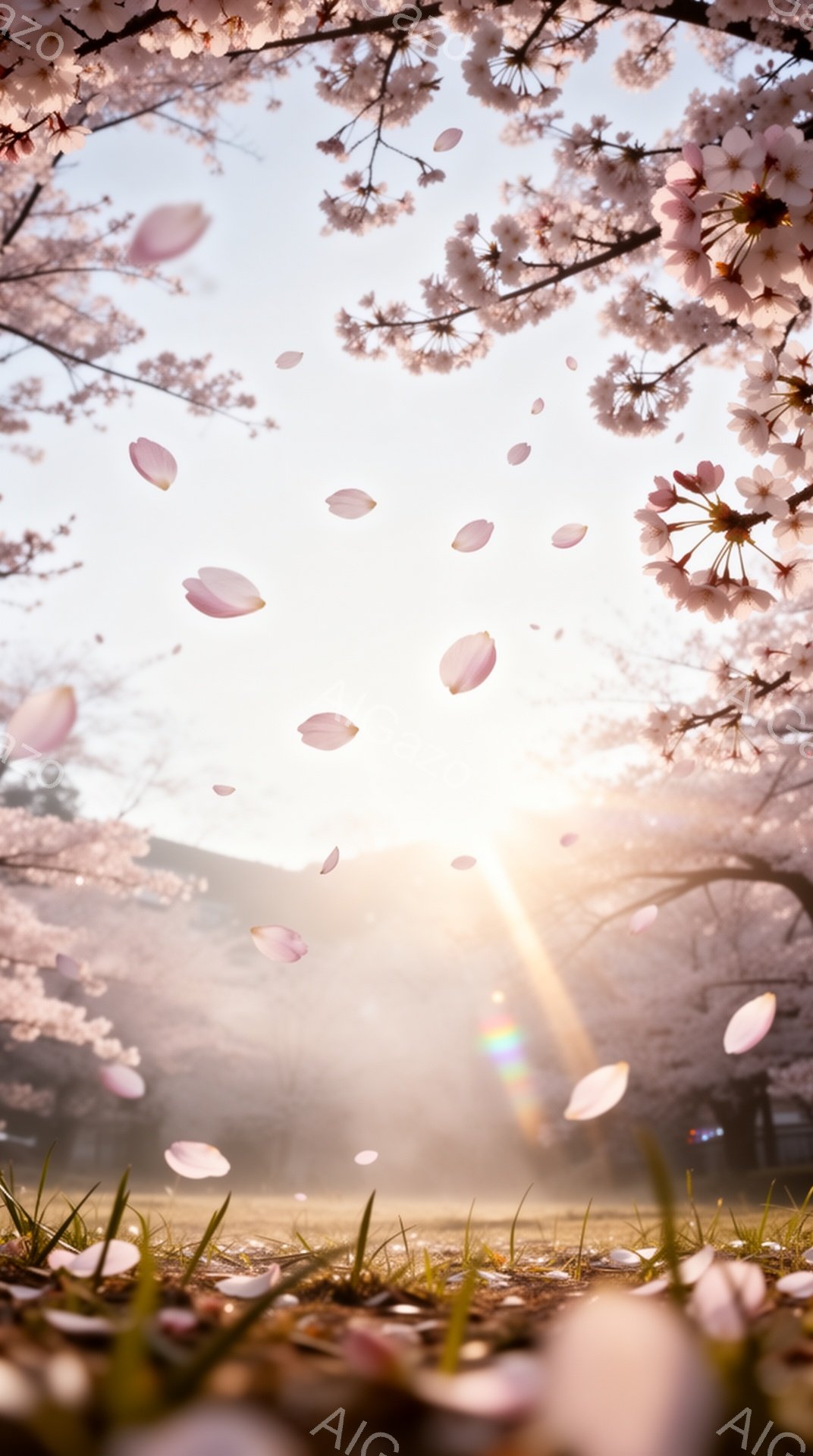 桜の花びらが舞い散る春の風景です。朝日が桜並木を照らし、地面には散った花びらが薄く敷き詰められています。背景にはぼんやりと建物が見え、全体的に暖かく幻想的な雰囲気が漂っています。