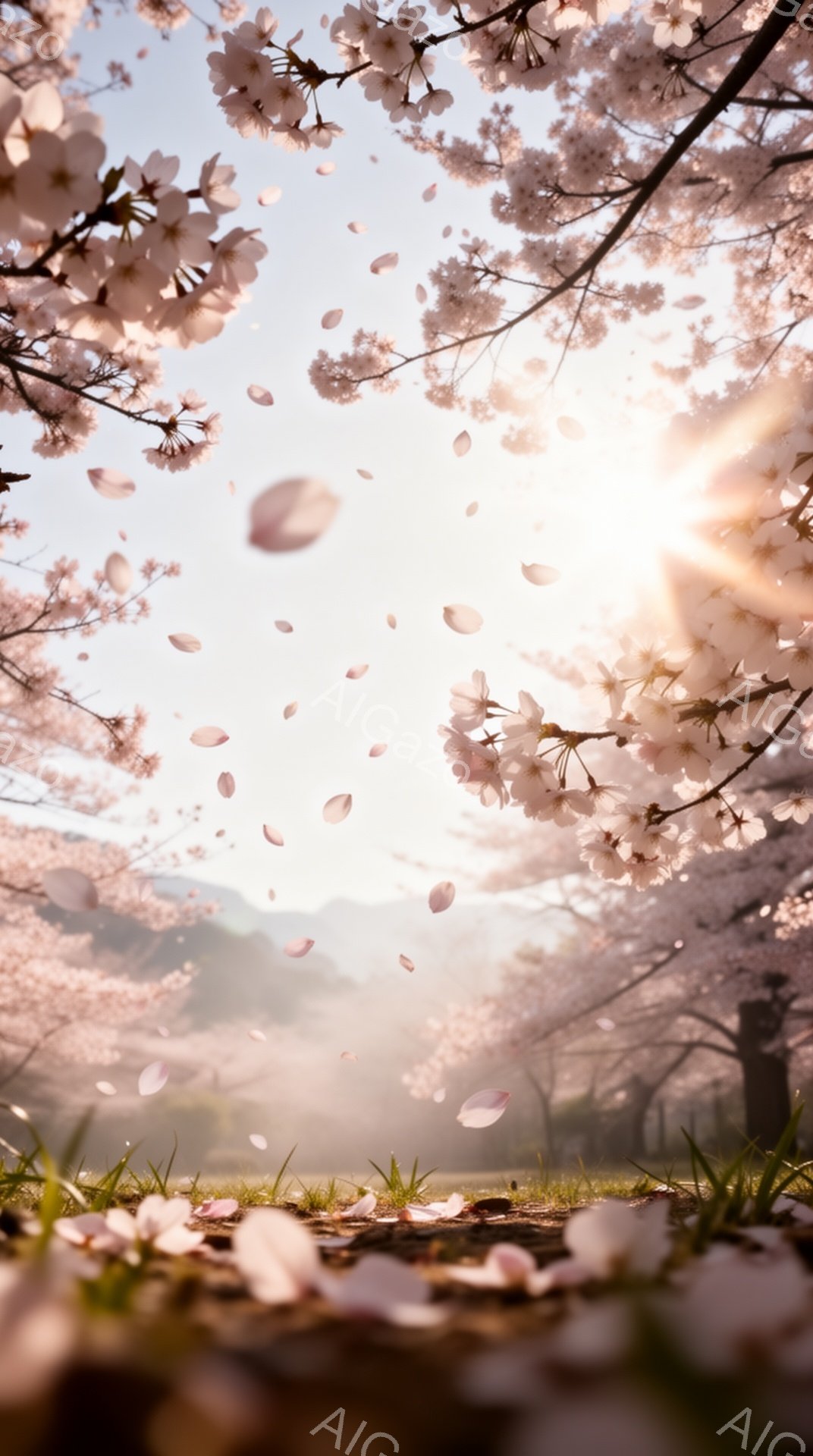 桜の花びらが舞い散る、春の景色です。日差しは柔らかく、薄緑の芝生と背景の山々がぼんやりと見え、全体的に幻想的な雰囲気を醸し出しています。地面にはピンク色の花びらが散り積もり、春の訪れを感じさせる美しい - AI生成フリー素材