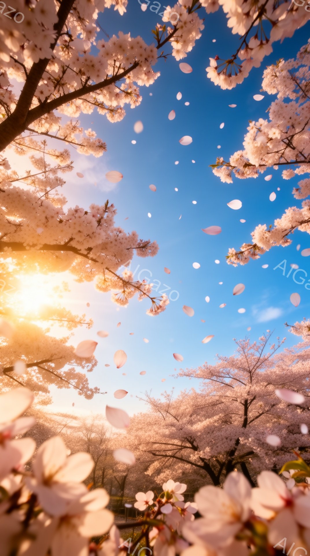 満開の桜が咲き誇り、花びらが空中に舞い散る様子が捉えられています。日の光が桜の隙間から差し込み、背景の青空と桜の淡いピンク色が美しく調和しています。春の暖かく幻想的な雰囲気が伝わってきます。 - AI生成フリー素材