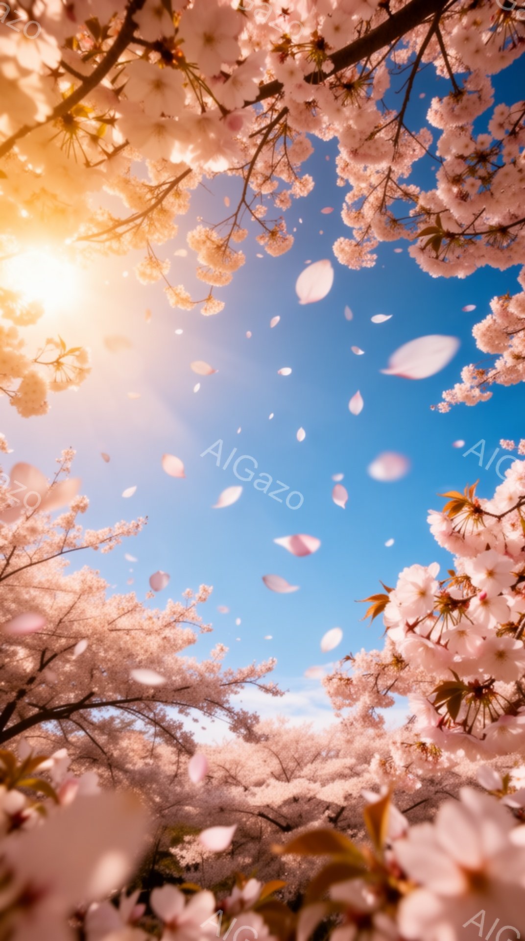 満開の桜が空を覆い、花びらが舞い散る様子が捉えられています。鮮やかな青空と太陽の光が桜の淡いピンク色を引き立て、春の暖かさと生命力を感じさせます。枝は画面の周りをフレームのように囲み、まるで桜のトンネルの中にいるような幻想的な雰囲気を醸し出しています。