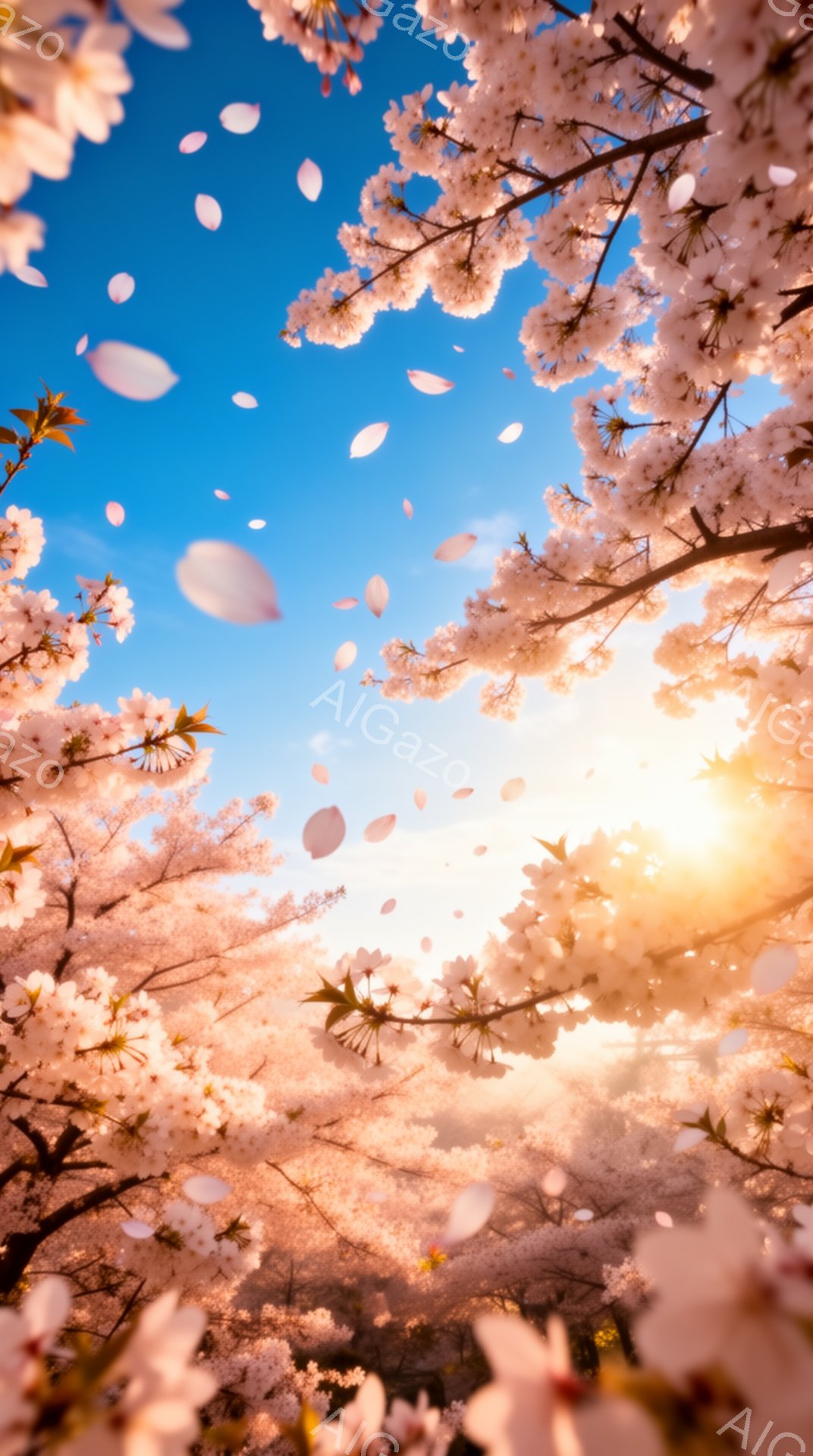 満開の桜が空を覆い尽くし、花びらが舞い散る様子が捉えられています。強い逆光で桜の花びらが輝き、幻想的な雰囲気を醸し出しています。青空と桜のコントラストが美しく、春の訪れを感じさせる穏やかな情景です。