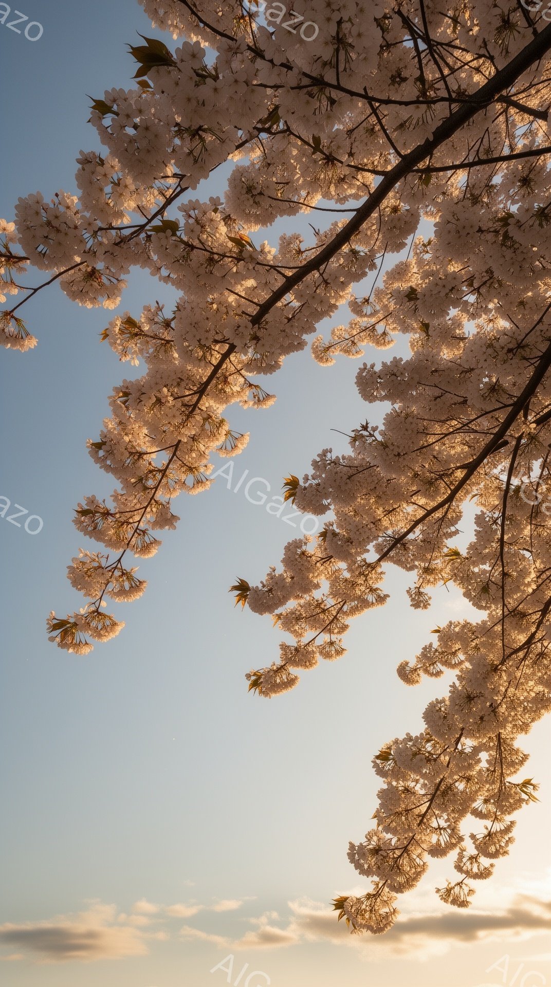 空を見上げるように、桜の花が咲き誇る枝が画面いっぱいに広がっています。薄いピンク色の花びらは密集し、太陽の光を受けて暖かく輝き、背景の淡い青空とオレンジ色のグラデーションが美しいコントラストを生み出しています。穏やかで幻想的な雰囲気が漂い、春の訪れを感じさせます。