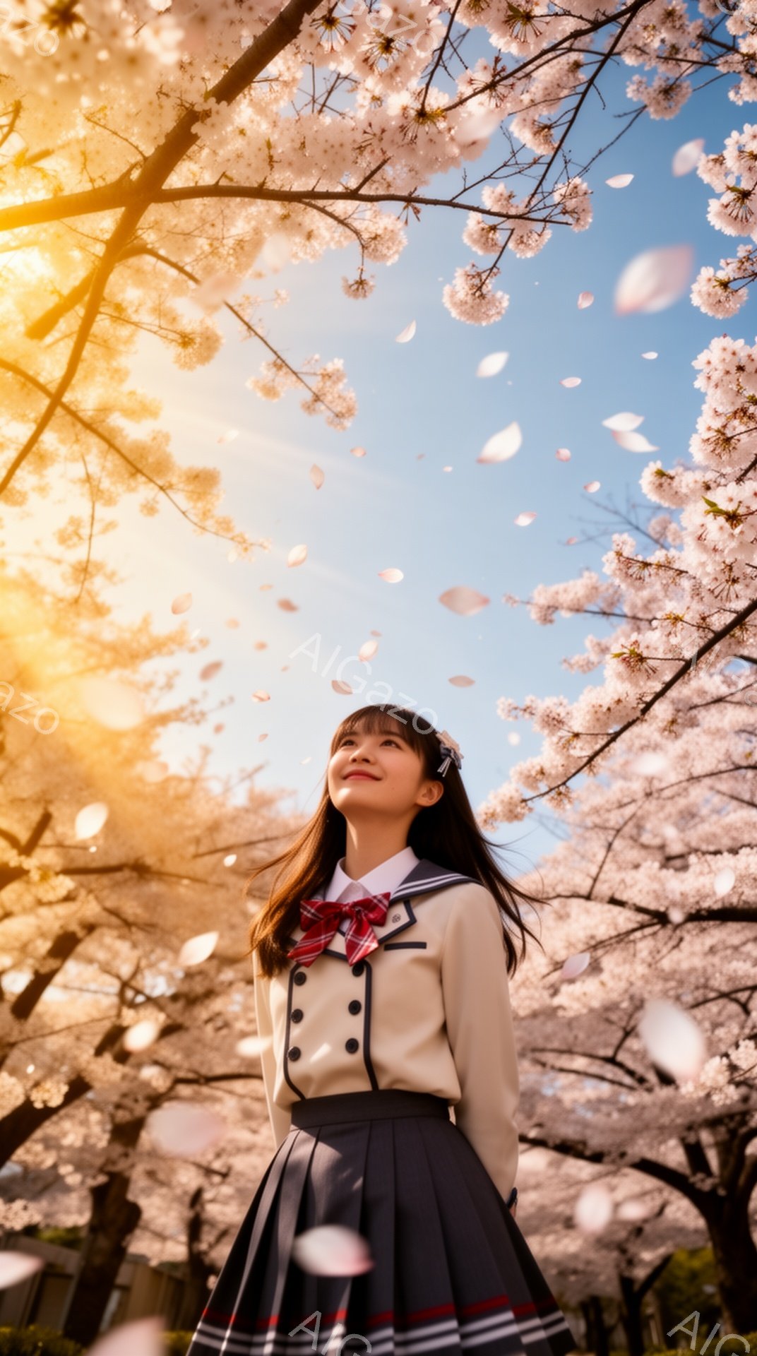 桜の花びらが舞う中、制服を着た若い女性が空を見上げている。彼女はベージュ色のブレザーに、黒と白のチェック柄のスカート、赤いネクタイとリボンをつけている。背景には桜の木が咲き誇り、空は明るい青空と太陽光 - AI生成フリー素材