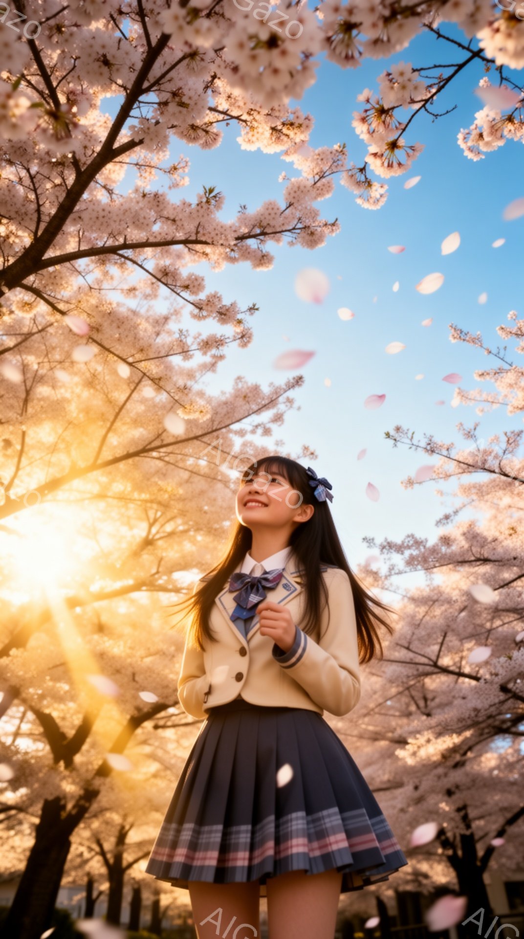 少女は制服を着て、桜の木の下で微笑んでいます。彼女はロングヘアで、髪にはリボンが付いており、明るい表情で空を見上げています。背景には、満開の桜並木と、夕焼けのような暖かく柔らかな光が広がっています。