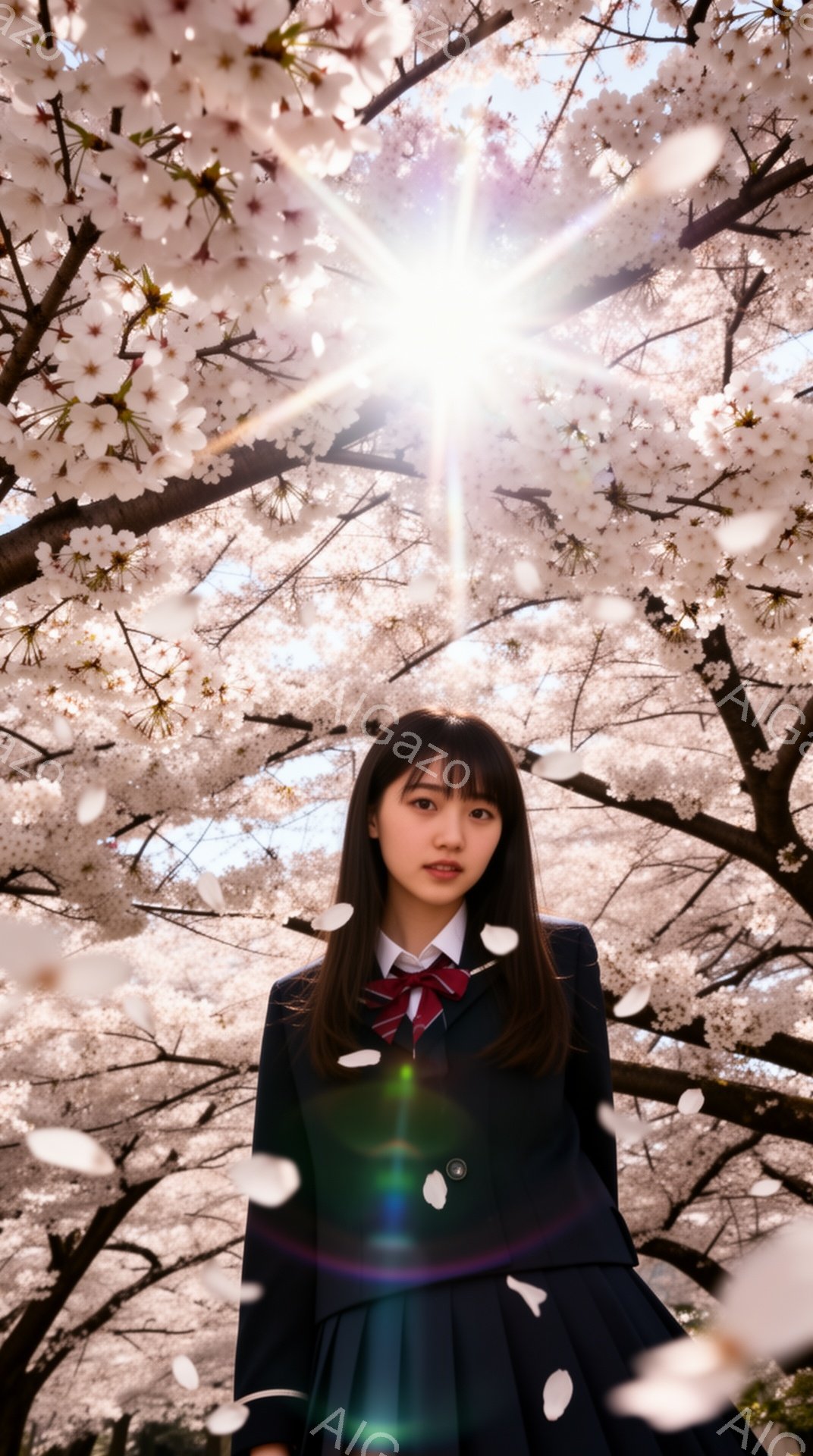 少女は紺色のブレザーに赤いネクタイ、チェックのスカートという制服を着て立っている。彼女はストレートの黒髪で、やや憂いを帯びた表情で正面を見つめている。背景には満開の桜並木が広がり、舞い散る花びらが幻想的な雰囲気を醸し出している。