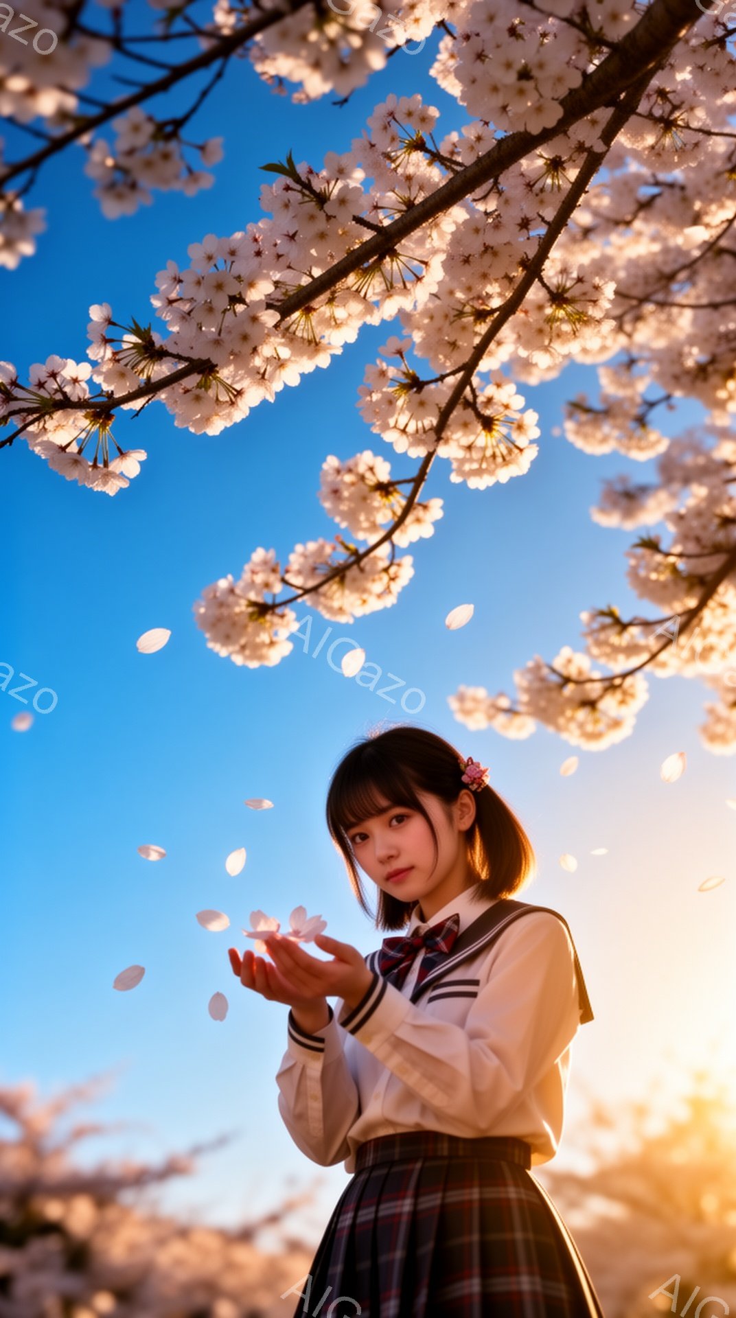 明るい青空の下、桜の花びらが舞い散る中、制服を着た少女が両手を差し伸べて花びらをキャッチしようとしている。彼女は茶色のショートヘアで、穏やかな微笑みを浮かべており、赤いリボンがアクセントになっている。 - AI生成フリー素材