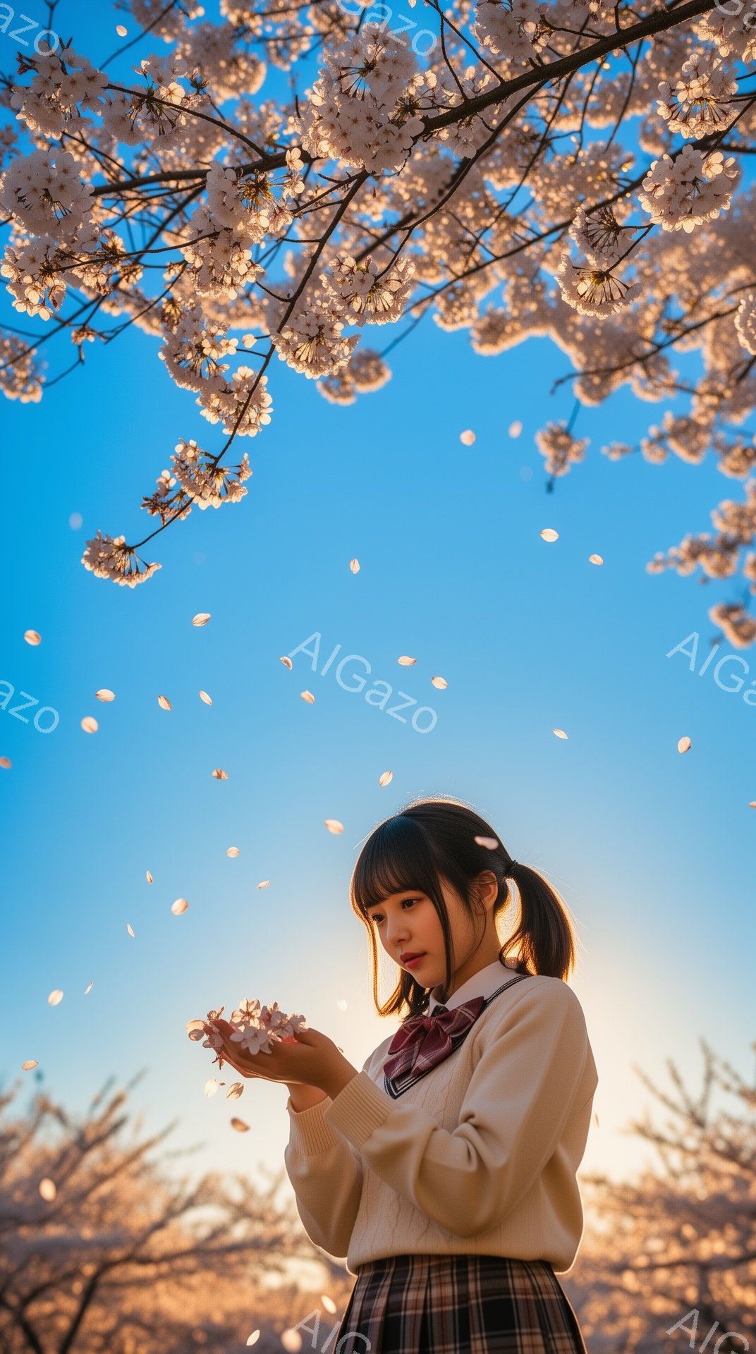 若い女性が桜の木の下で、両手に桜の花びらをそっと抱えています。彼女は白いセーターとチェック柄のスカートを着ており、茶色の髪はツインテールに結ばれています。背景には、咲き誇る桜並木が青空に広がっており、 - AI生成フリー素材