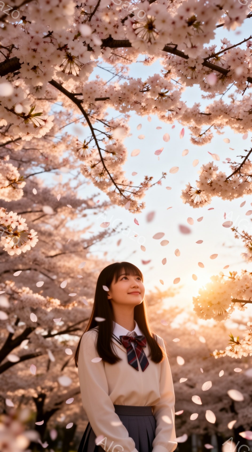 少女は桜の花びらが舞う中で、空を見上げています。ベージュのセーターにチェックのネクタイ、プリーツスカートという制服姿で、長い黒髪はストレートに伸びています。背景には桜並木が広がり、逆光で桜の花びらがキラキラと輝き、春の暖かく穏やかな雰囲気を醸し出しています。