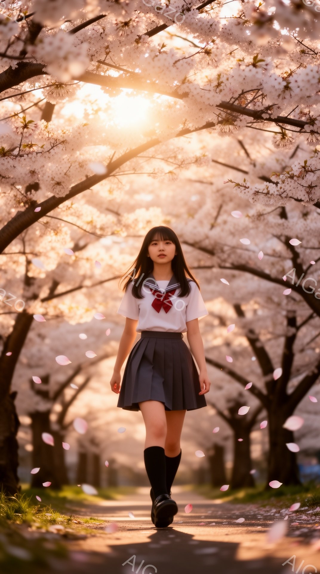 少女は制服姿で、桜並木の中を正面を向いて歩いている。黒髪をセンターパートにし、少し微笑んだ表情で、膝丈のスカートと黒い靴下を履いている。背景は満開の桜並木で、桜の花びらが舞い散り、暖かく幻想的な雰囲気を醸し出している。