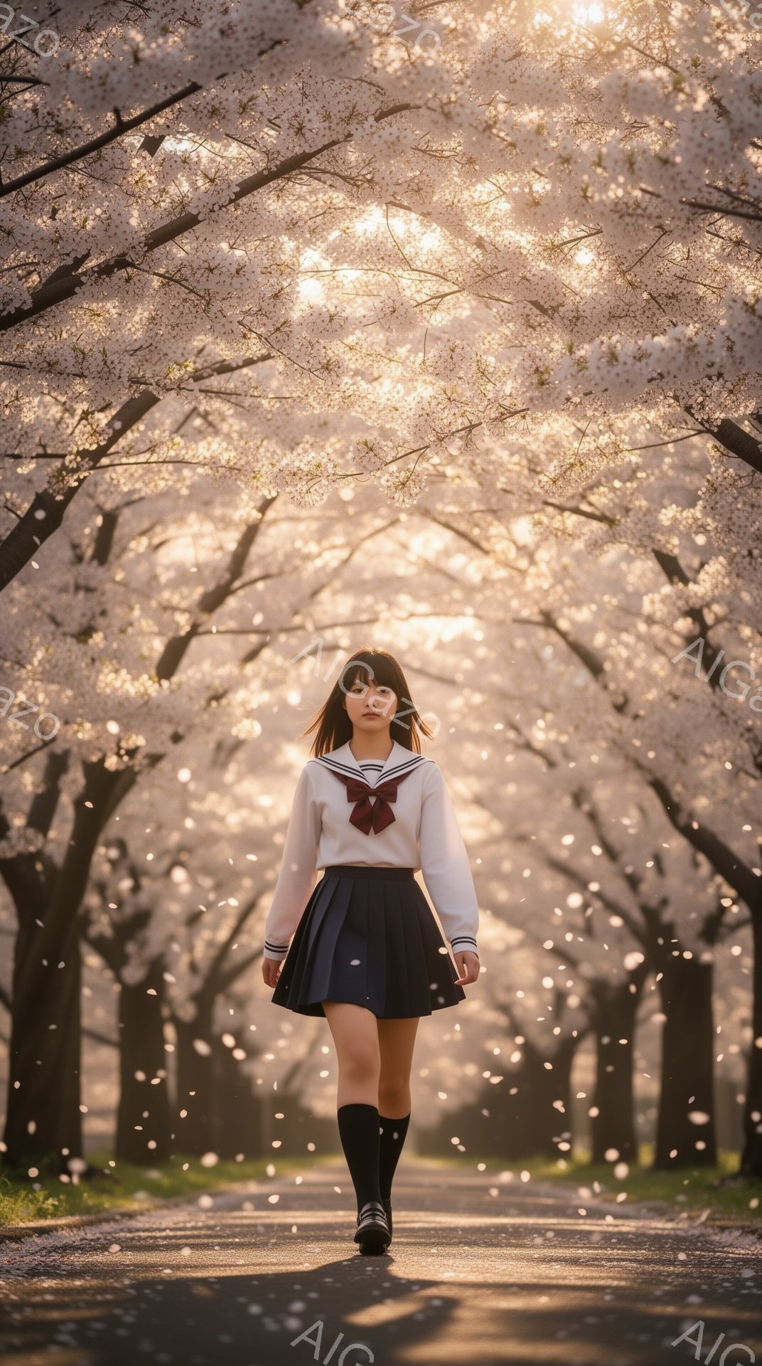 少女は、白い長袖シャツとプリーツスカート、膝丈のソックス、黒い革靴という制服を着て、桜並木の中をまっすぐ歩いている。彼女の髪は肩までの長さで、前髪はぱっつんカット、表情はやや真面目で前を見つめている。 - AI生成フリー素材