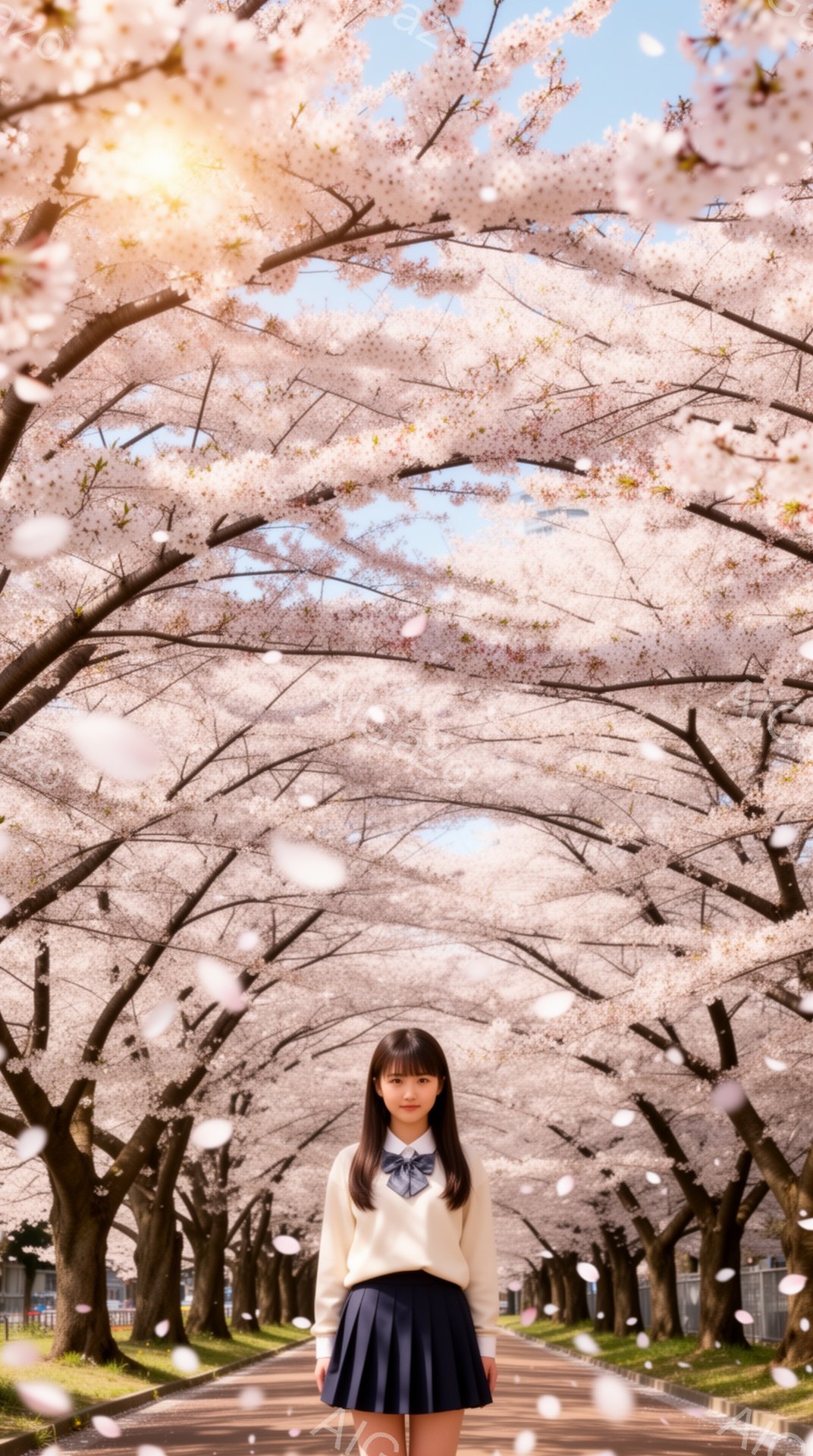 画像には、桜並木の真ん中で制服を着た若い女性が立っています。彼女は黒髪で、前髪は整えられ、首には白いリボンとネイビーのネクタイが付いています。背景は満開の桜並木で、花びらが舞い散り、春の暖かく穏やかな - AI生成フリー素材