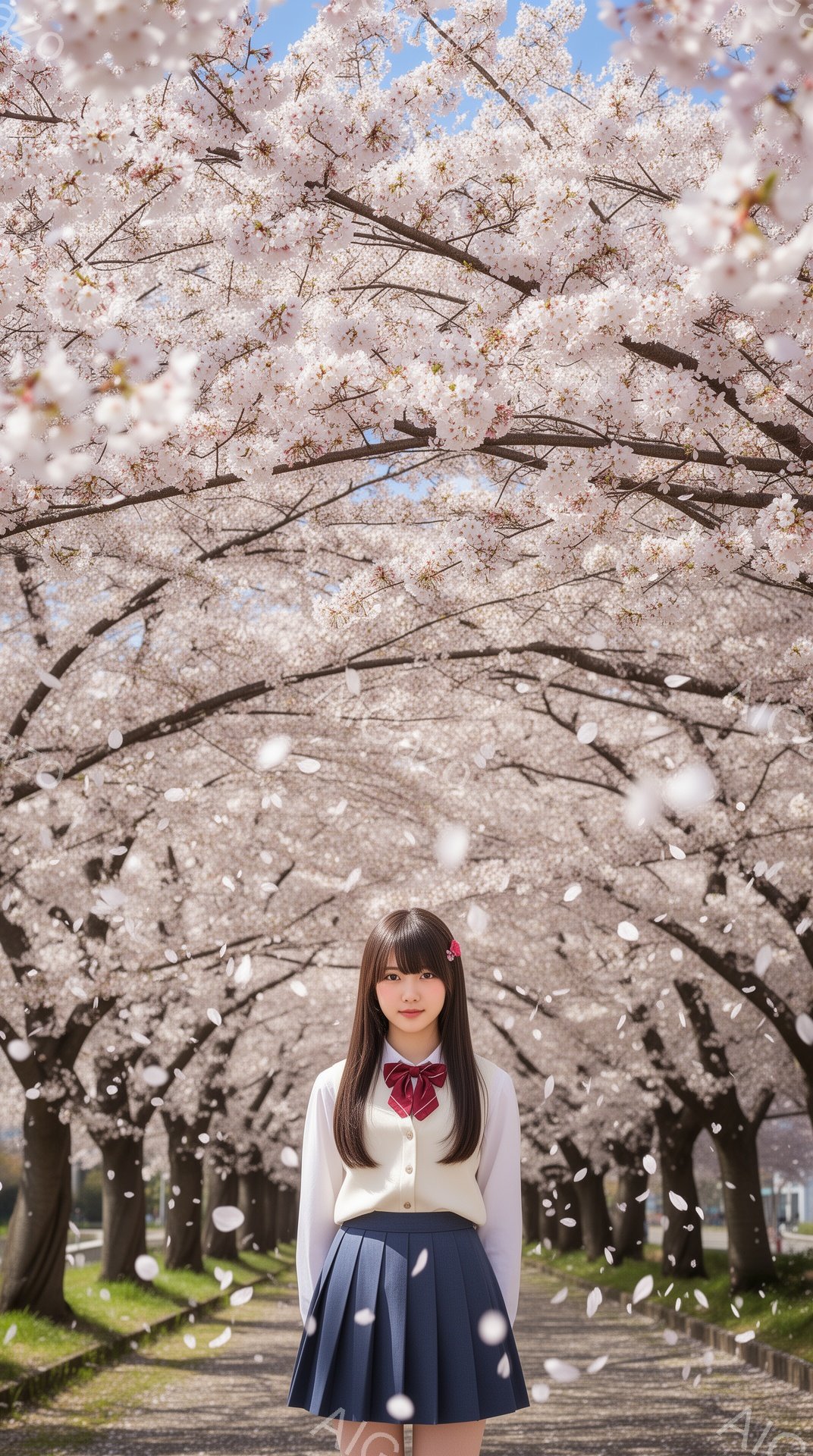 セーラー服姿の女性が、満開の桜並木の下に立っている。彼女は茶色のヘアピンで前髪を留め、微笑んでいる。背景には、ピンク色の桜の花びらが舞い散る桜並木が広がり、春の穏やかな雰囲気を醸し出している。 - AI生成フリー素材