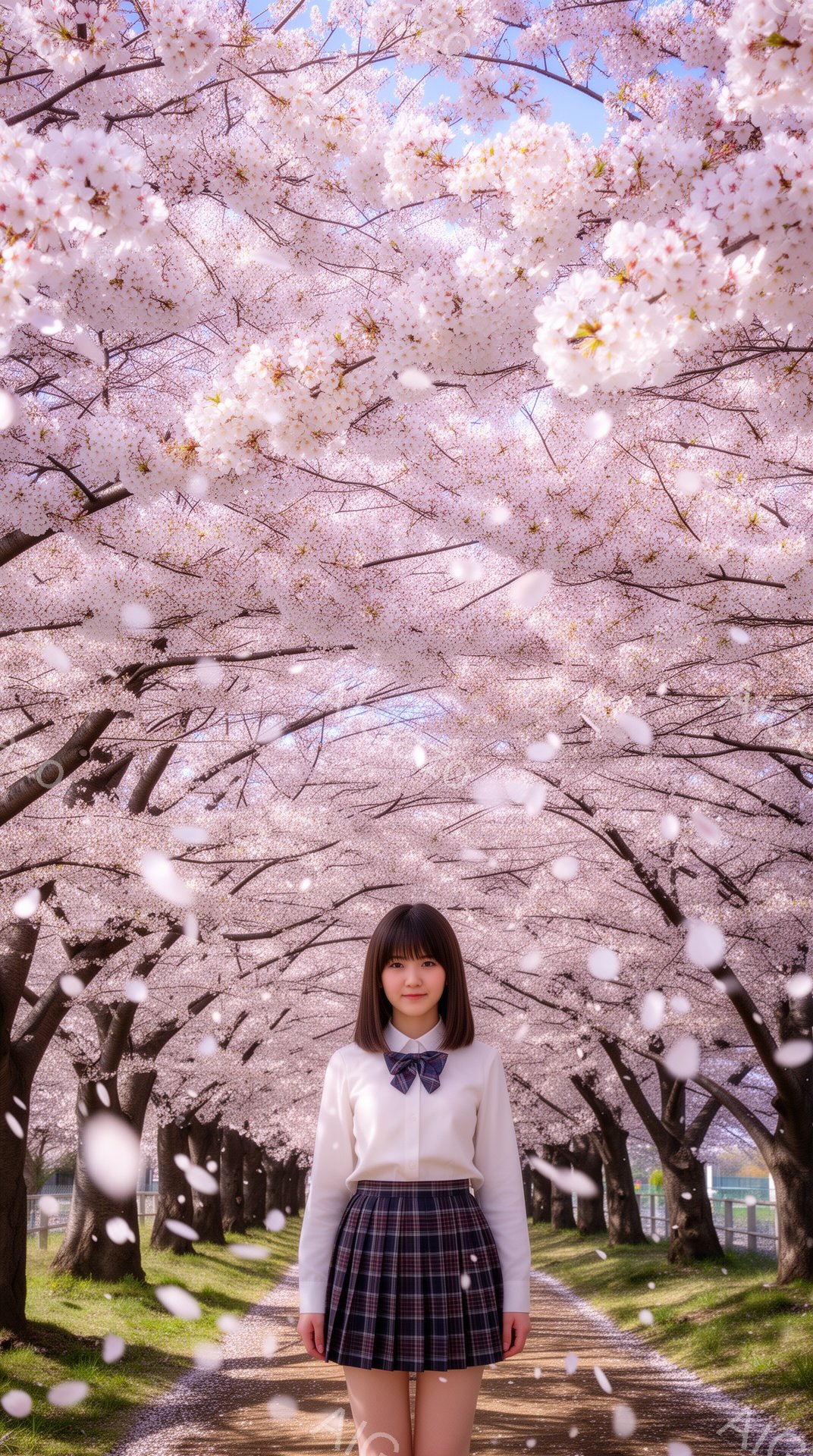 画像には、桜並木の真ん中に立つ女子高生が写っています。彼女は白いシャツにチェックのスカート、ネクタイを着用し、前髪を下ろしたストレートヘアです。桜の花びらが舞い散る中、彼女はまっすぐ前を見て、少し微笑んでいるように見えます。