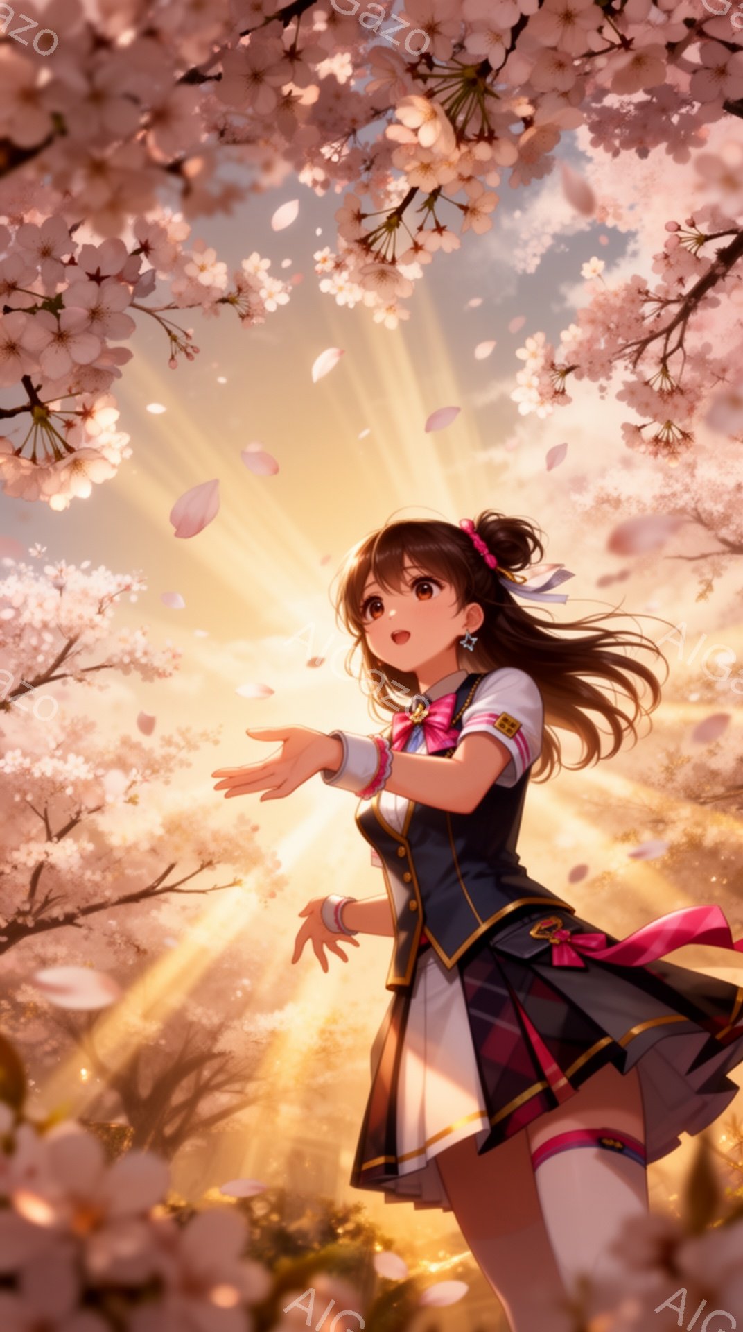 明るい日差しが差し込む桜並木の中、茶色の長い髪をなびかせた少女が両手を広げて桜の花びらを捉えようとしている。彼女はネイビーのジャケットにチェック柄のスカート、白いニーハイソックスという制服姿で、顔には - AI生成フリー素材