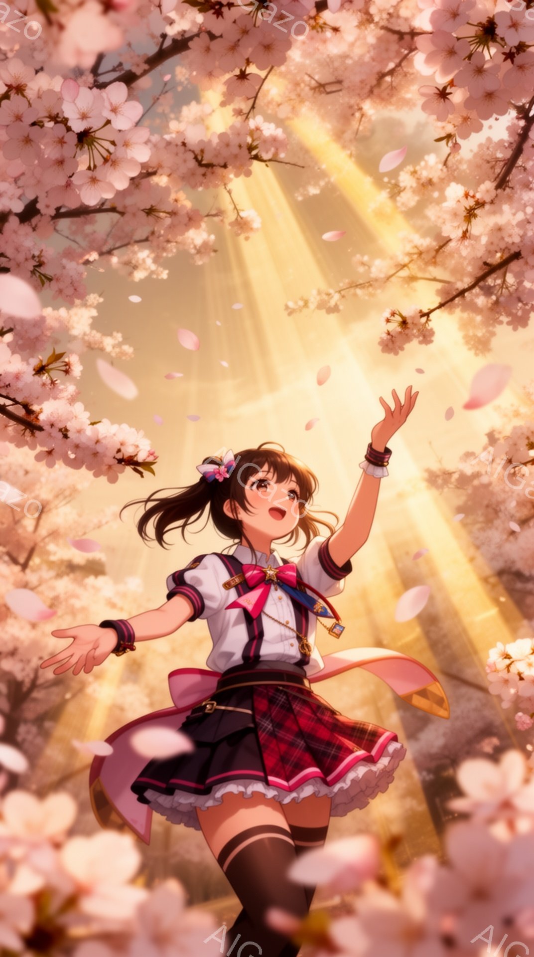 明るい日差しの中、黒髪の少女が桜の木の下で両手を広げ、嬉しそうにスキップしている。彼女は赤いチェックのプリーツスカート、白いブラウス、紺色のジャケットとネクタイを身につけ、足元は黒いニーハイソックスと靴を履いている。背景には、満開の桜の花びらが舞い、光が差し込む美しい春の景色が広がっている。