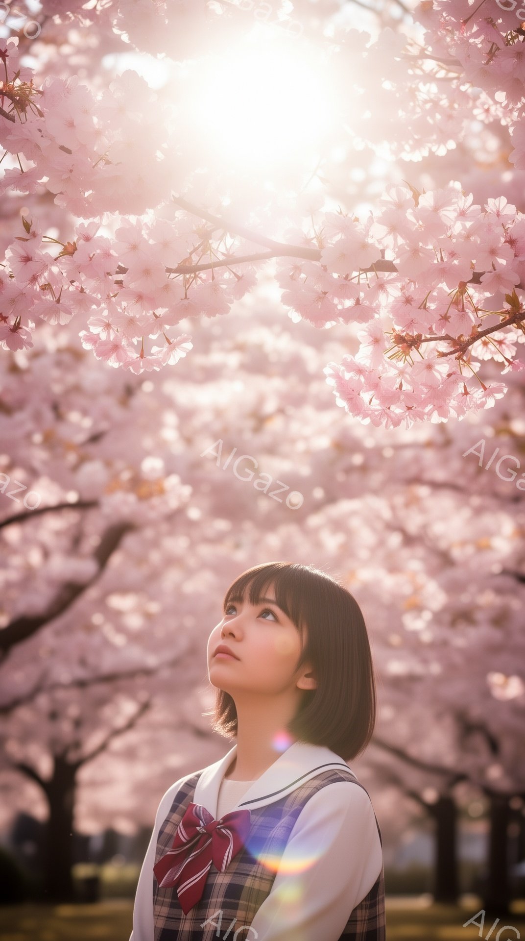 少女は制服姿で、桜並木の下を仰向けに見ている。彼女は短い茶色の髪を持ち、少し微笑んだ表情で、どこか物思いにふける様子がうかがえる。背景には、満開の桜の花びらが舞い、太陽の光が差し込み、暖かく幻想的な雰 - AI生成フリー素材