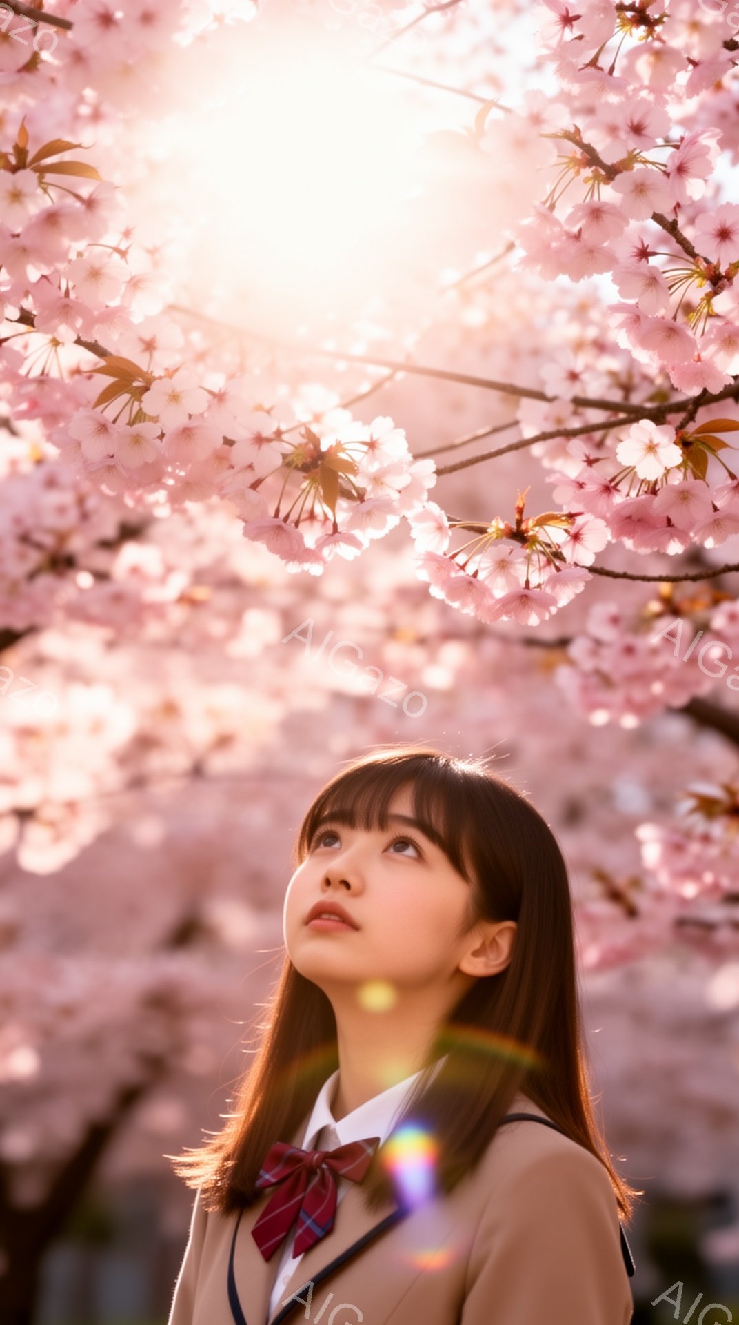 明るいピンク色の桜の花びらが咲き乱れる中、制服を着た若い女性が空を見上げています。彼女は茶色の前髪を下ろしたヘアスタイルで、少し微笑んでいるように見え、姿勢は穏やかで、希望に満ちた雰囲気です。背景は桜 - AI生成フリー素材