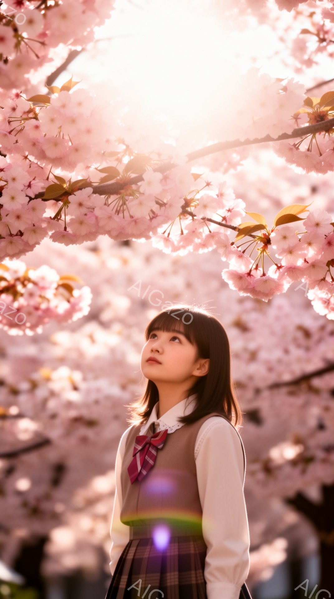 明るいピンク色の桜の花びらが咲き誇る中、制服を着た若い女性が空を見上げています。彼女はダークブラウンのショートヘアで、少し微笑んでいるように見え、明るい表情をしています。背景は桜のトンネルのように、淡いピンク色で覆われ、春の穏やかで希望に満ちた雰囲気を醸し出しています。