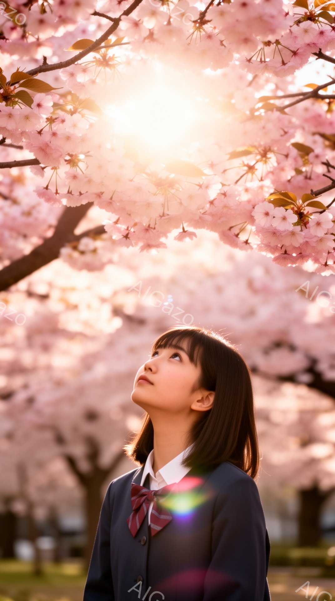 少女は紺色のブレザーと赤いネクタイを着用し、少し上を見ている。彼女の髪は短く茶色で、表情は穏やかで希望に満ちている。背景には桜が満開で、太陽の光が差し込み、春の暖かく夢幻的な雰囲気を醸し出している。