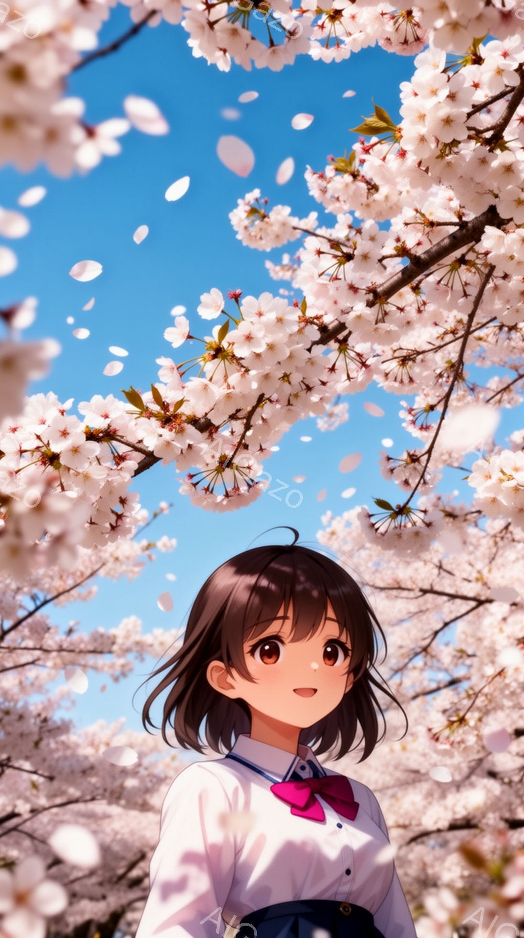 画像は、桜の花びらが舞う中で見上げる少女を描いています。彼女は黒髪のボブヘアで、白いブラウスにピンクのリボンと紺色のスカートを着用しており、少し上目遣いで明るい表情を浮かべています。背景は満開の桜並木 - AI生成フリー素材