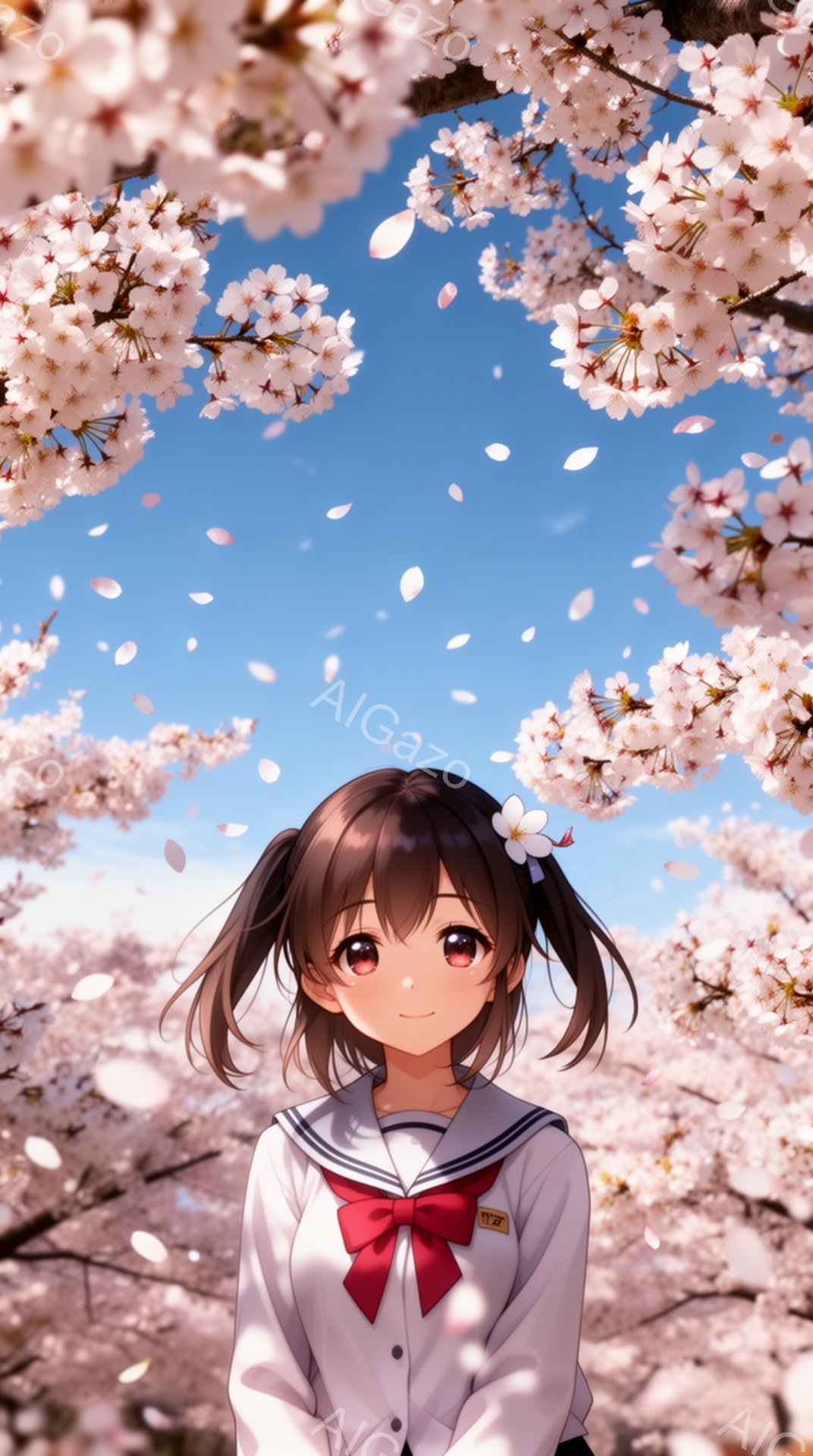 画像は、桜の花びらが舞う中、笑顔の少女を描いています。彼女は、赤いリボンが付いたセーラー服を着ており、茶色の髪をツインテールにして、白い花を髪飾りとして付けています。背景には、満開の桜並木と青空が広が - AI生成フリー素材