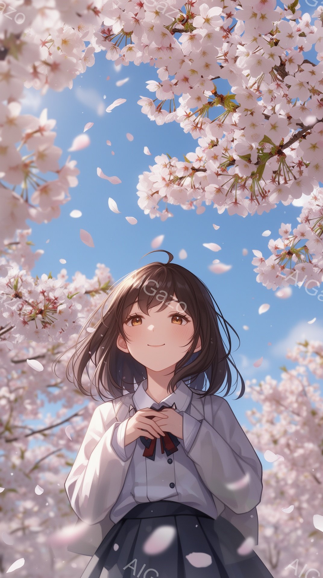 茶色の髪をした少女が、桜の花びらが舞う中で微笑んでいます。彼女は白いシャツに赤いリボン、紺色のスカート、セーラー服風の制服を着ており、少し上を見上げています。背景は満開の桜並木と青空で、春の穏やかで美 - AI生成フリー素材