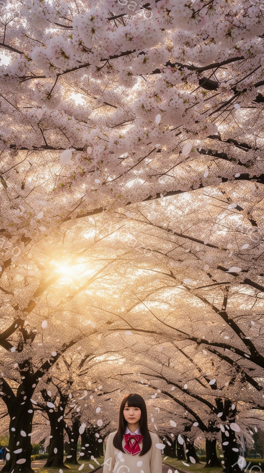 画像には、桜並木の真ん中に立つ若い女性が写っています。彼女は紺色のブレザーに白いシャツ、赤いネクタイとチェックのスカートを着用し、黒髪のストレートヘアをしています。彼女は正面を向き、わずかに微笑んでおり、桜の花びらが舞い散る幻想的な雰囲気が漂っています。