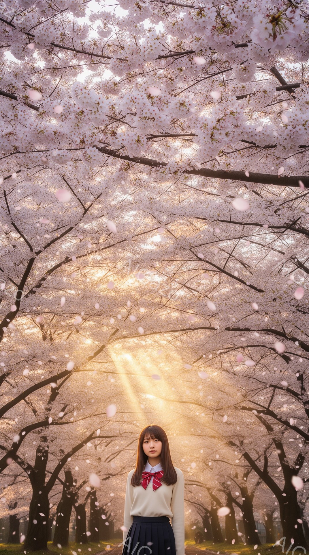 画像には、桜並木の中に立つ若い女性が写っています。彼女はセーラー服に身を包み、長いストレートヘアをしています。表情は穏やかで、視線は正面に固定されており、桜の花びらが舞う中、春の暖かさと優しさが感じられます。