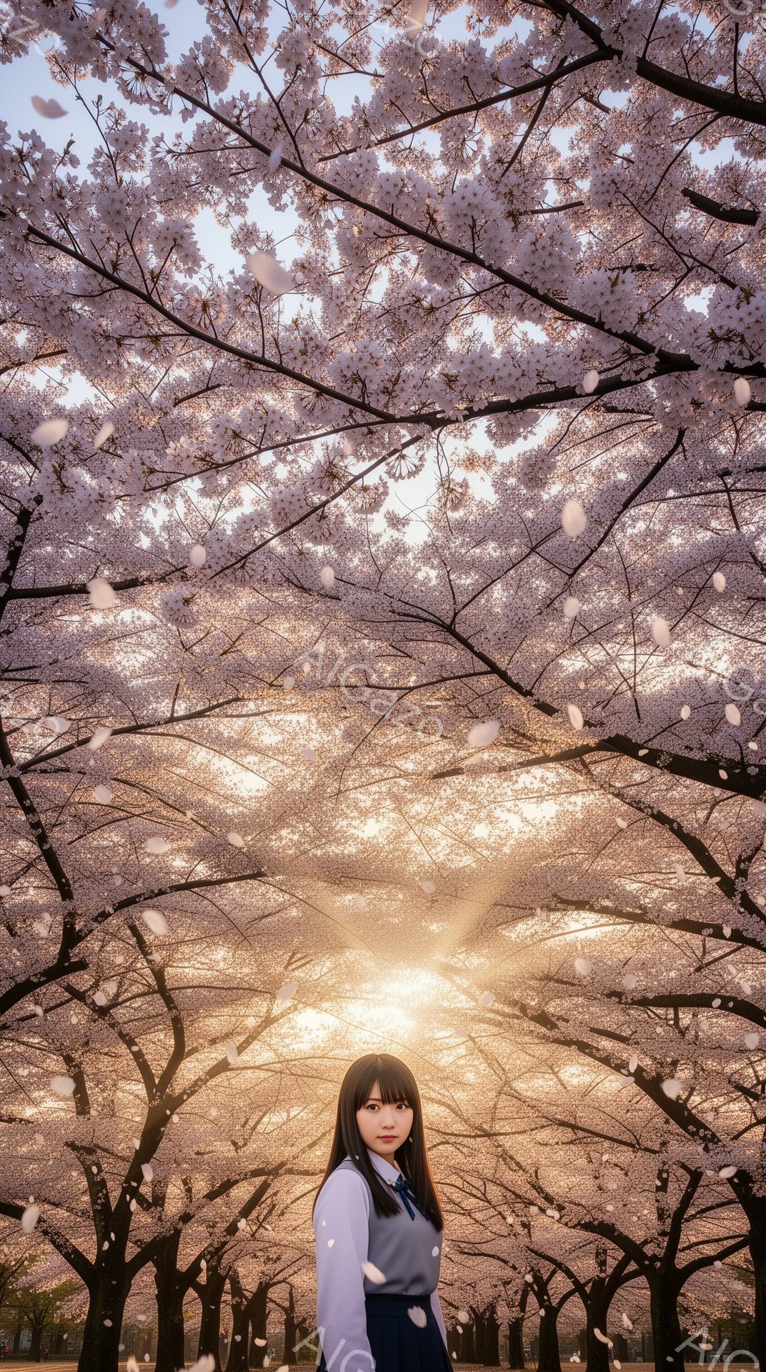 画像には、桜並木を背景にした若い女性が写っています。彼女は白いブラウスにネイビーのセーラーリボン、紺色のスカートという制服を着ており、肩まで伸ばしたダークブラウンの髪をストレートにしています。女性はわずかに微笑んでおり、桜の花びらが舞い散る中、穏やかな雰囲気を醸し出しています。