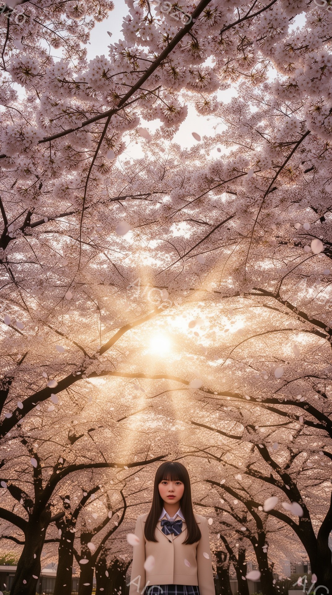 少女は制服姿で、桜並木の下に立っている。彼女はダークブラウンの髪をセンターパートにし、少し憂いを帯びた表情で正面を見つめている。背景には、満開の桜が枝を広げ、逆光で光芒が差し込み、幻想的な雰囲気を醸し - AI生成フリー素材