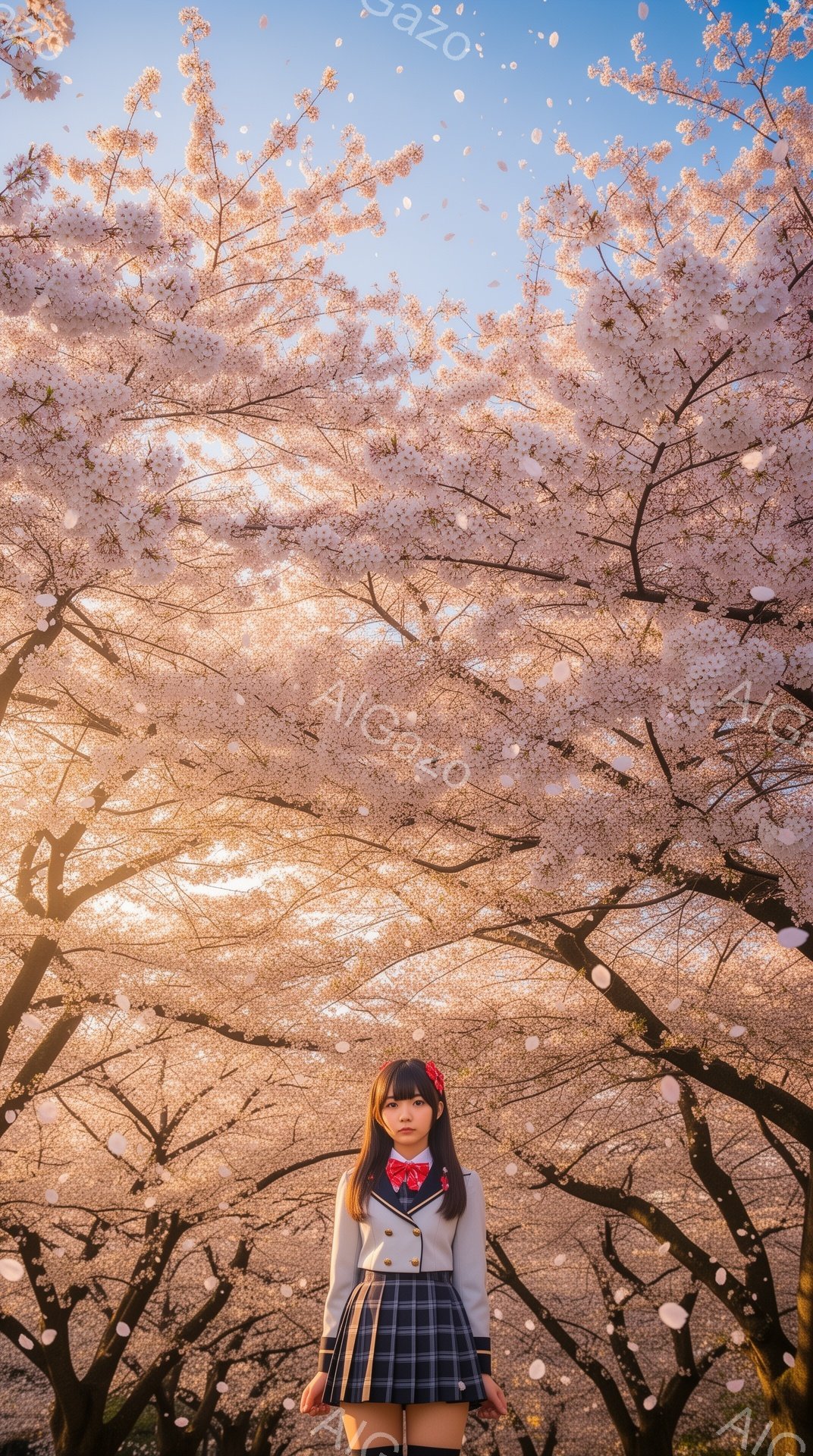 制服姿の少女が、満開の桜並木の間に立っている。彼女は黒髪のボブヘアで、赤いリボンをつけている。表情は少し控えめで、遠くを見つめているように見える。